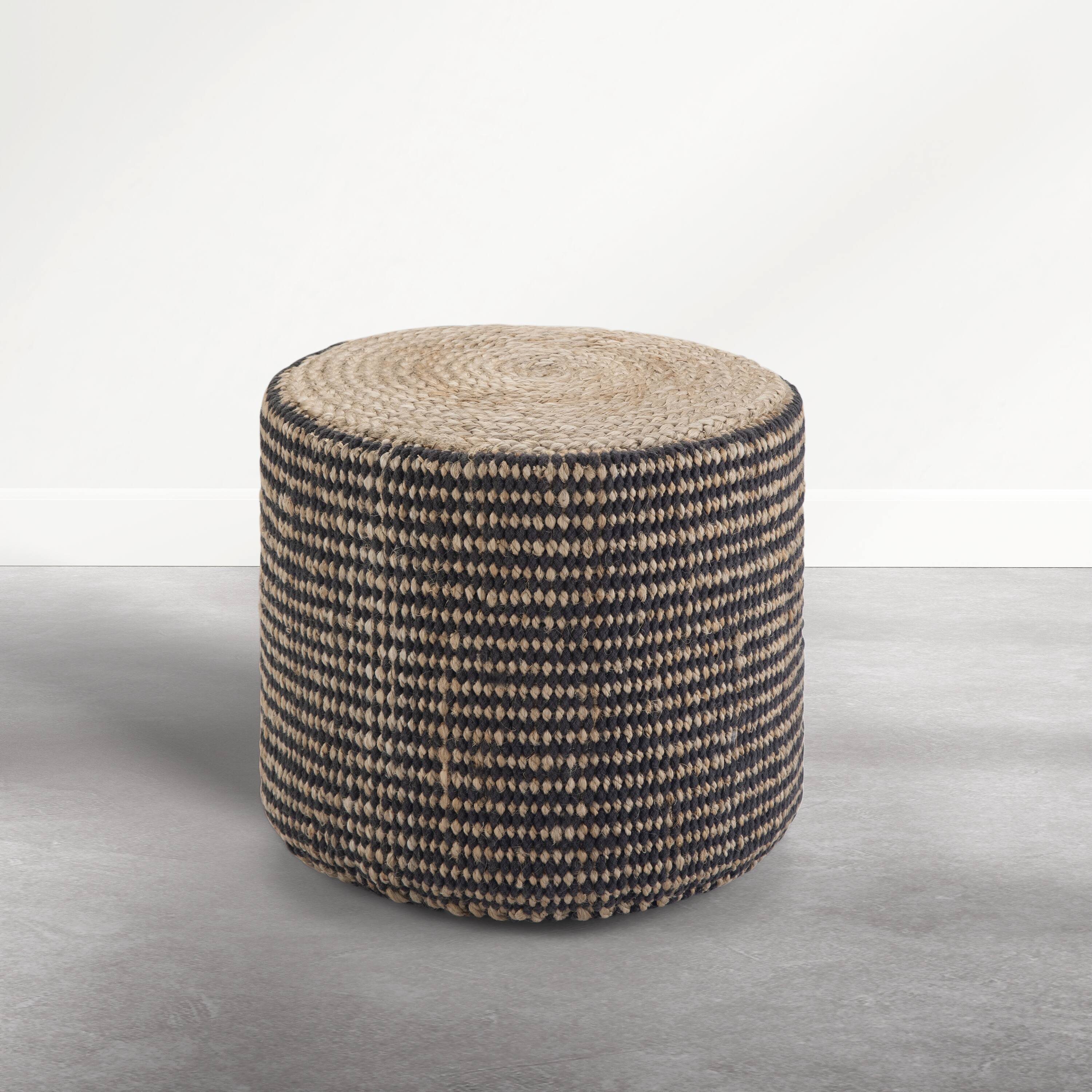 Angle. Simpli Home - Larissa 18 inch Wide Round Pouf Ottoman, Sandy Natural and Ebony Jute - Sandy Natural/Ebony.