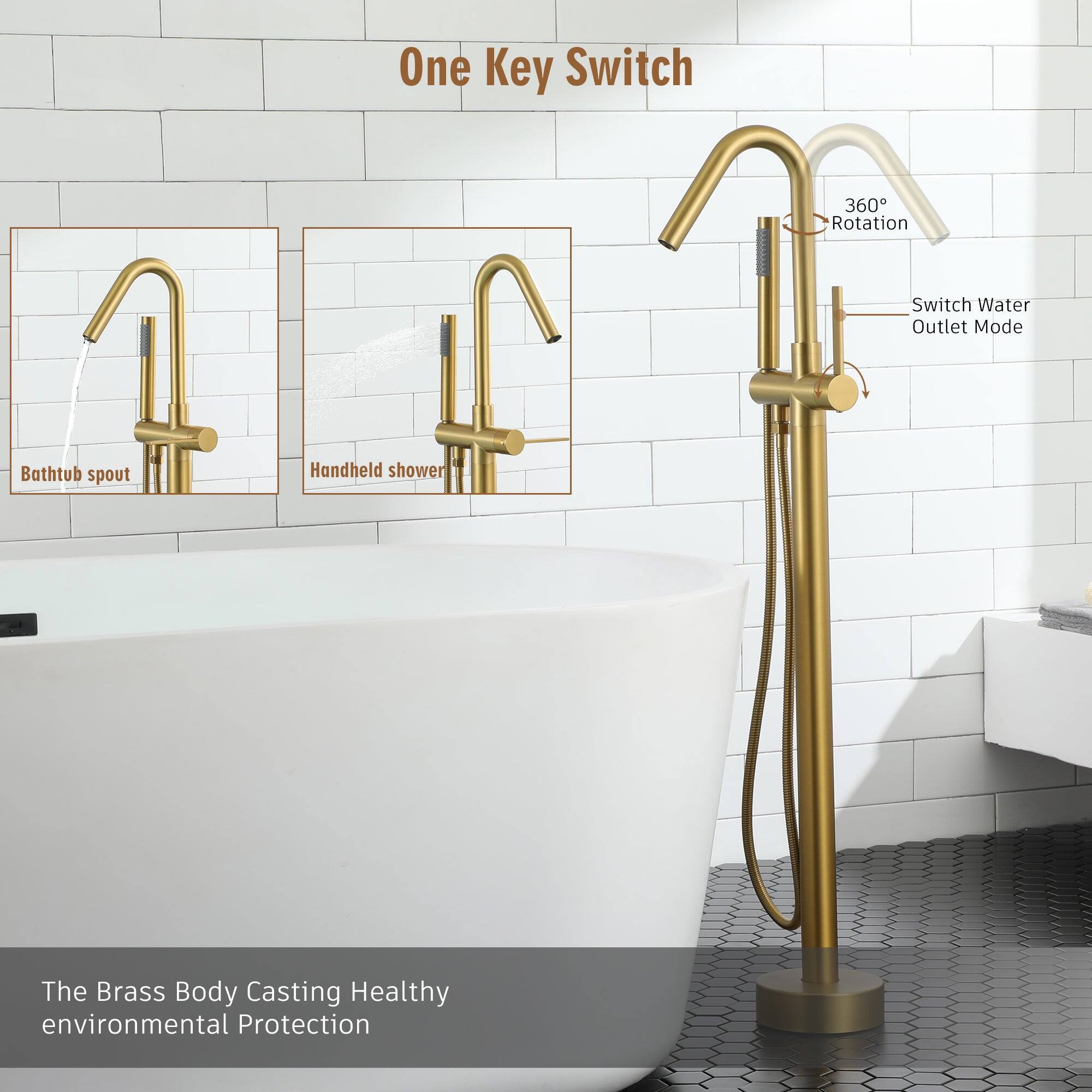 One Key Switch, 360° Rotation, Switch Water Outlet Mode, Bathtub spout, Handheld shower, The Brass Body Casting Healthy environmental Protection