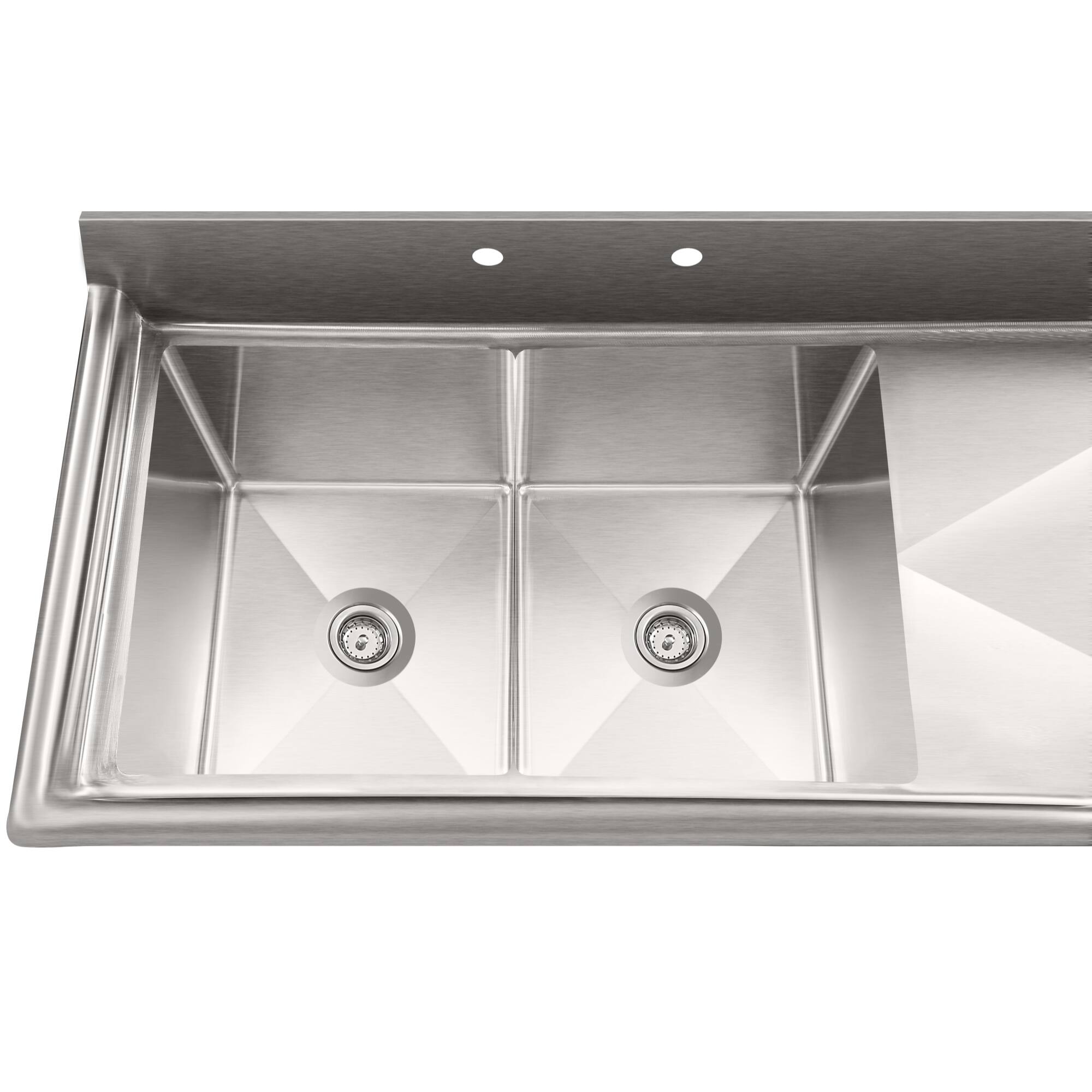 Alt View 2. Koolmore - 63 in. 18-Gauge 2-Compartment  Sink with Backsplash and 24 in. Right Drainboard, Bowl dimensions 18"x24"x14" - Stainless Steel.