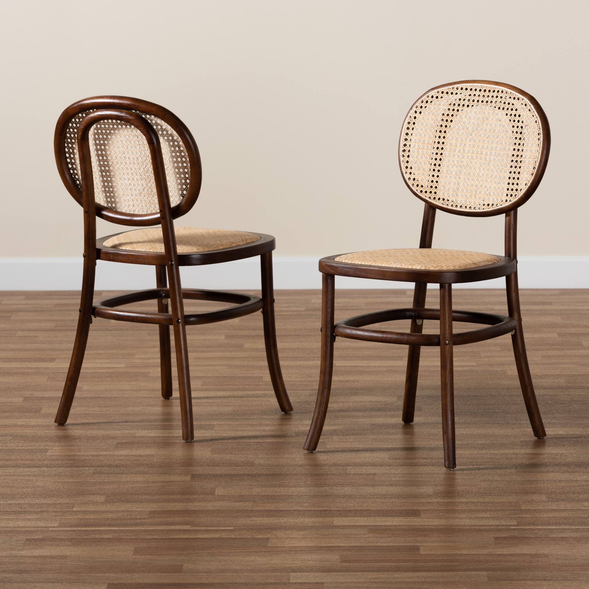 Alt View 4. Baxton Studio - Garold Mid-Century Modern Woven Rattan and Wood 2-Piece Cane Dining Chair Set - Beige/Walnut Brown.