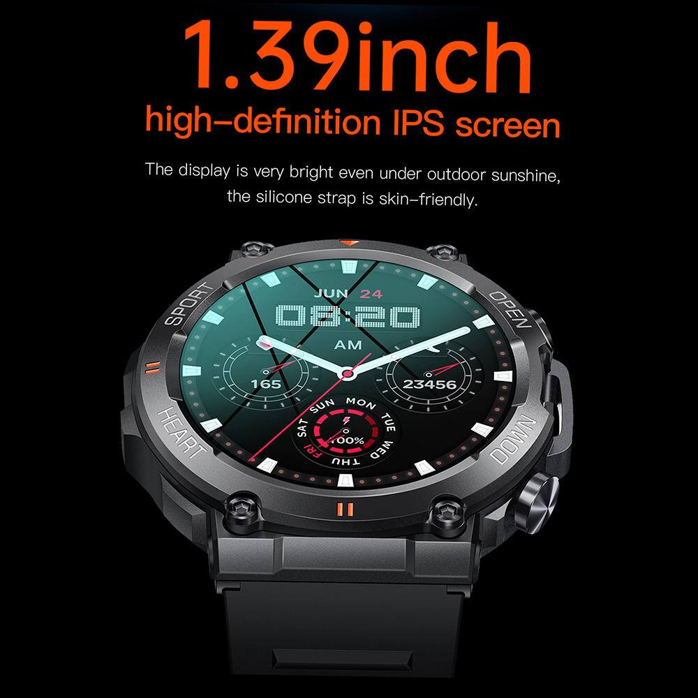 1.39 inch high-definition IPS screen  
The display is very bright even under outdoor sunshine, the silicone strap is skin-friendly.  

SPORT HEART  
JUN 24 08:20 AM  
OPEN 165 23456  
SUN MON SAT TUE FRI THU  
00% WED DOWN