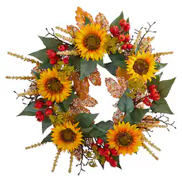 BreeBe - 27" Sunflower and Berry Artificial Wreath - Green