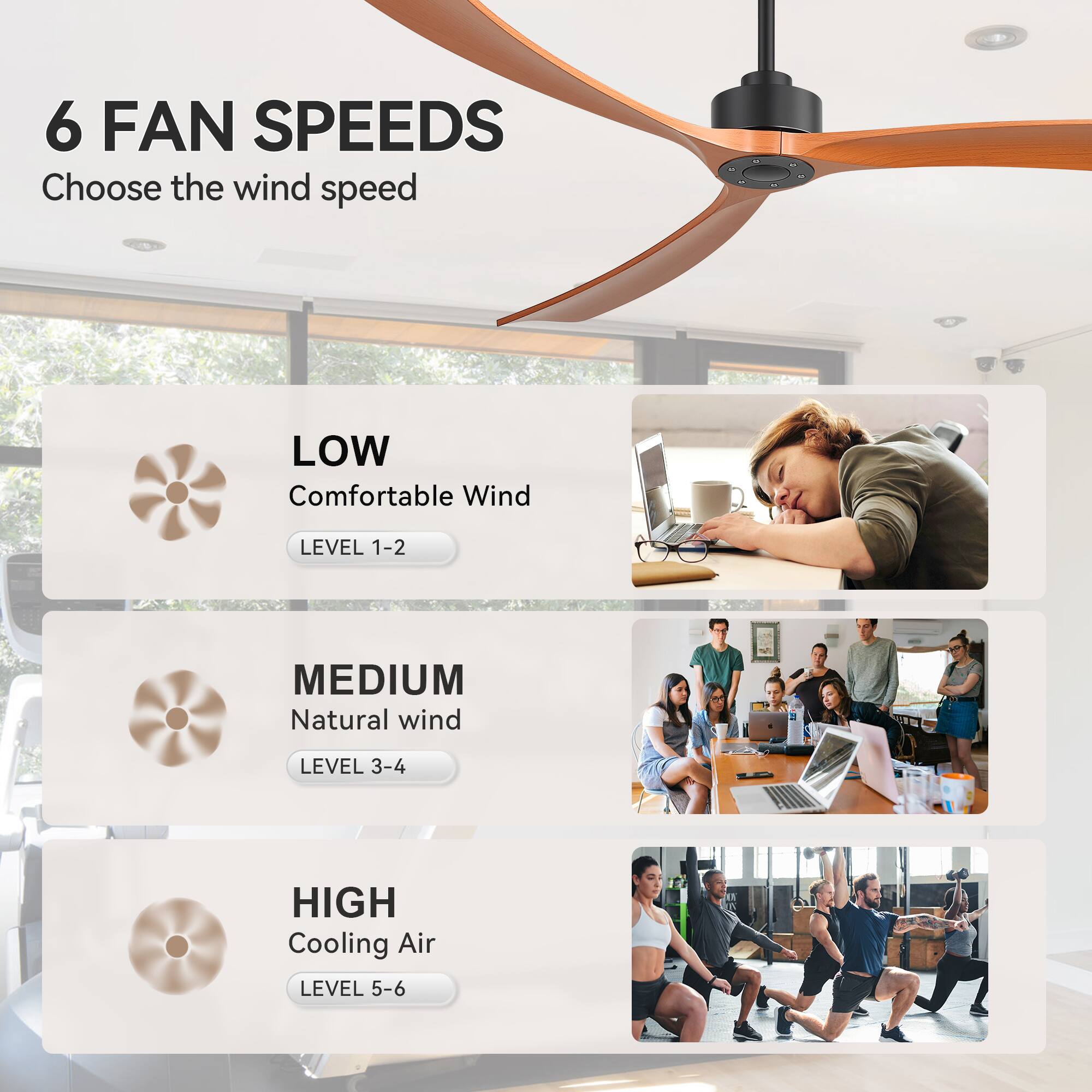 6 FAN SPEEDS  
Choose the wind speed  

LOW  
Comfortable Wind  
LEVEL 1-2  

MEDIUM  
Natural wind  
LEVEL 3-4  

HIGH  
Cooling Air  
LEVEL 5-6