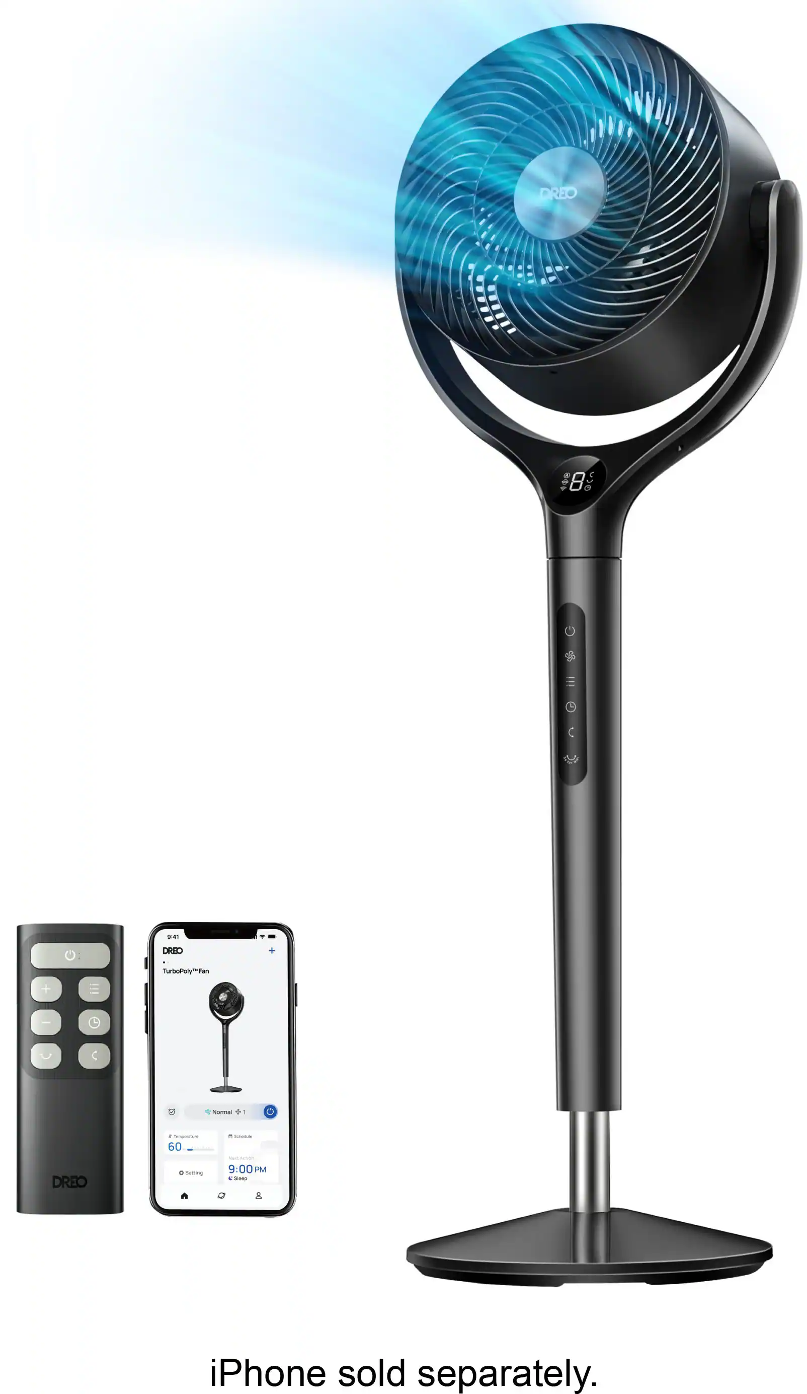 DREO 8 UO = OEOCV a : DRID TurboPoly"Tan + I . C + noa + - DREO . -eaus 60 ceming . - - - 9:00 -M + - iPhone sold separately.