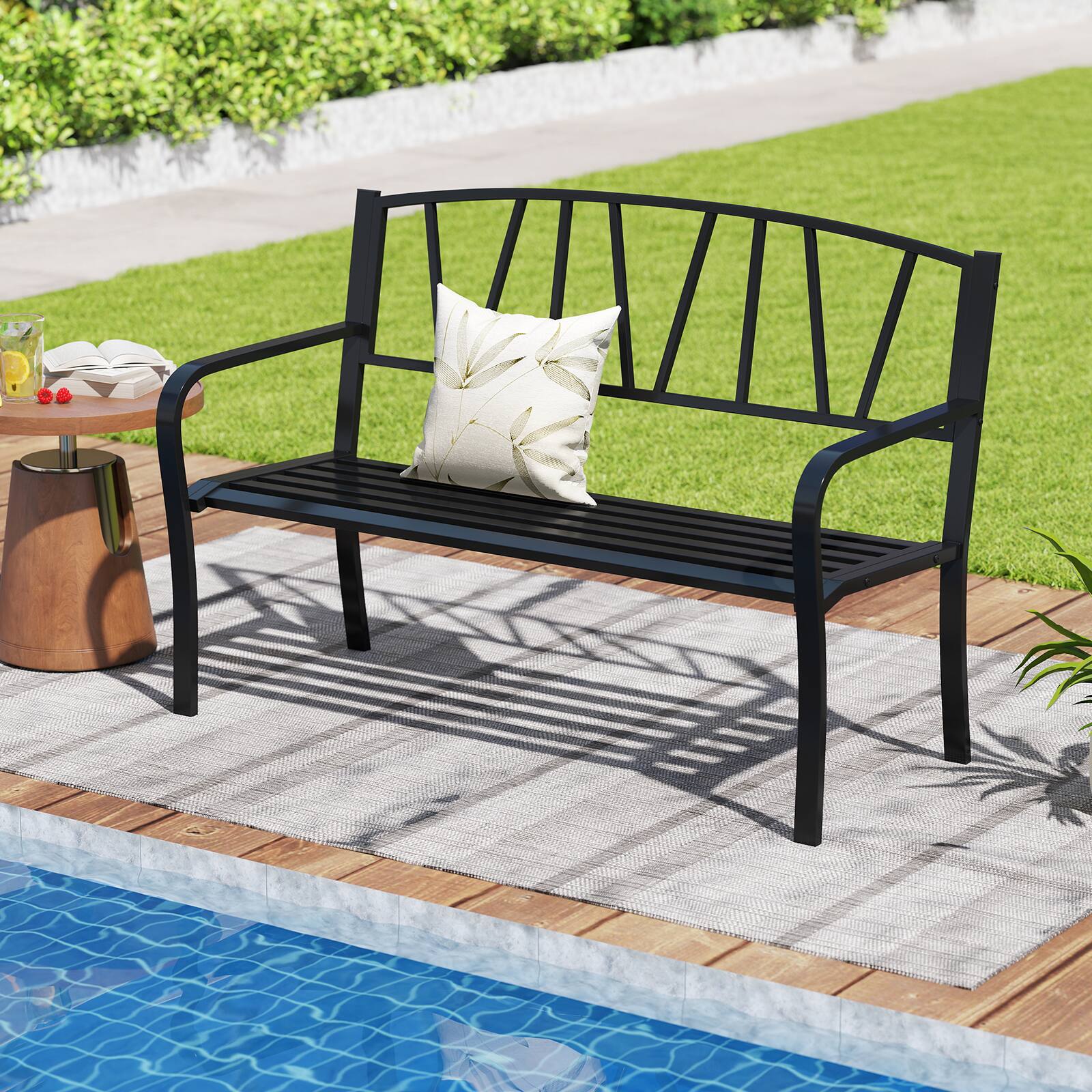 Alt View 1. Gymax - Gymax 50.5'' Patio Metal Bench w/ Curved Armrests & Minimalist Backrest for Backyard - Black.