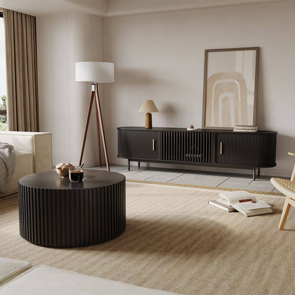 Left. POVISON - 79"Mid-Century Modern Tambour Door TV Stand ,Black - Black.