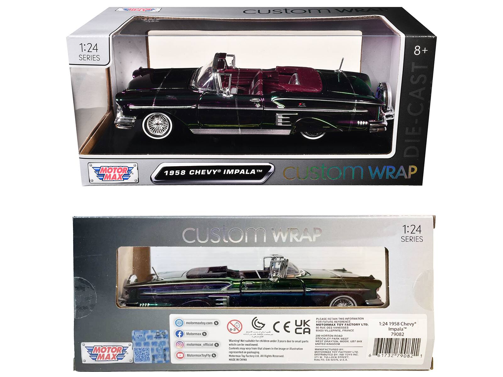 1:24 SERIES DIE-CAST MOTOR 1958 CHEVY IMPALA custom WRAP MAX custom WRAP 1:24 SERIES MOTOR MAX

D0C motormaxtoy.com

Motormax_official

Motormaxtoyity

PLEASE RETAIN FOR FUTURE REFERENCE

UK MOTORMAX TOY FACTORY LTD

0-3 CE

CA Ba2 -5

POUE VILLEPINTE DES VANISSES

FRANCE

HOSTON

RAD

SPOEBLE

PARE

WEST

Warning

Not suitable for children under 3 years due to small parts which can be swallowed

Contents may vary from that shown in the image or illustration

MOTOR MAX

1:24 1958 Chevy Impala

79082

61732

79082
