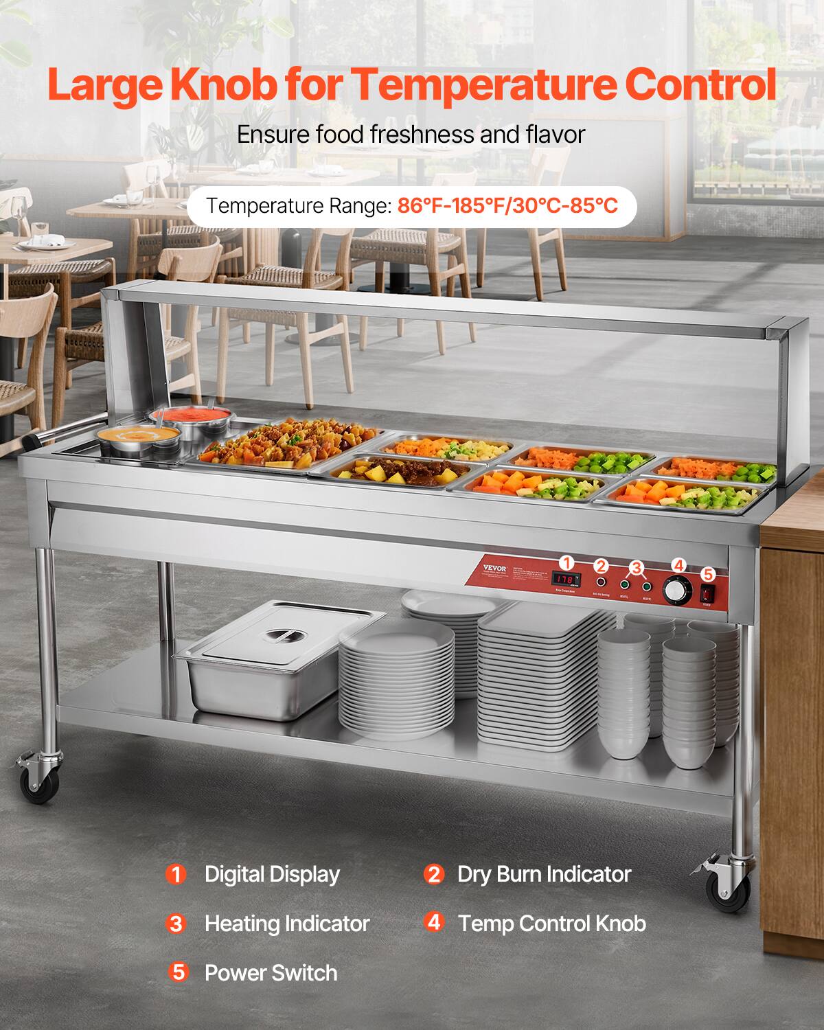 Large Knob for Temperature Control  
Ensure food freshness and flavor  

Temperature Range: 86°F-185°F/30°C-85°C  

1. Digital Display  
2. Dry Burn Indicator  
3. Heating Indicator  
4. Temp Control Knob  
5. Power Switch