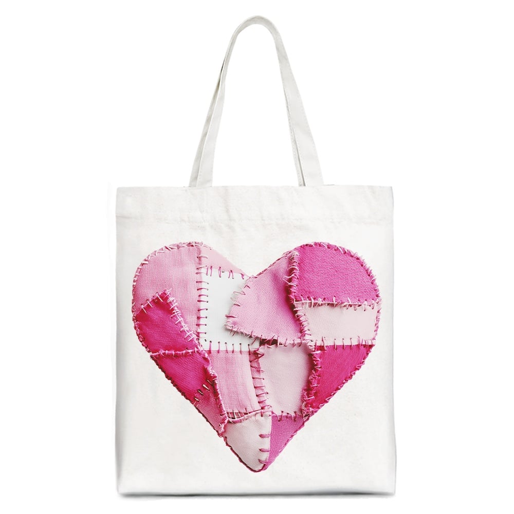 OrnamentallyYou - Patchwork-Style Pink Heart Canvas Tote Bag, Vintage Valentine Coquette Love Printed Gift Bag - White