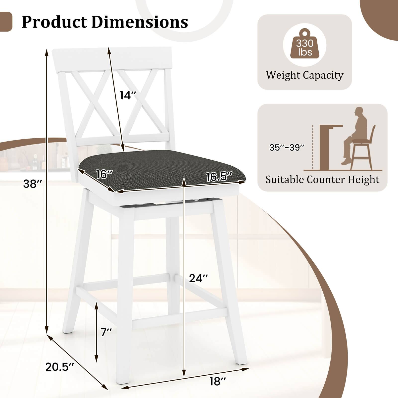 Product Dimensions
- 330 lbs
- 14"
- 38"
- 16"
- 16.5"
- 20.5"
- 7"
- 18"
- 24"

Weight Capacity
- 35"-39"

Suitable Counter Height