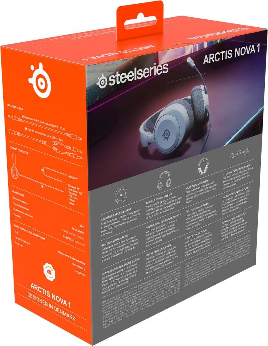 The image features a box for the Arctis Nova 1 headphones, which are designed in Denmark. The headphones are made for comfort and deliver powerful sound. The box includes a headset, a detachable microphone, and a user guide. The headphones are compatible with PC, Mac, and gaming consoles. The Arctis Nova 1 headphones are perfect for gaming and provide a comfortable listening experience.
