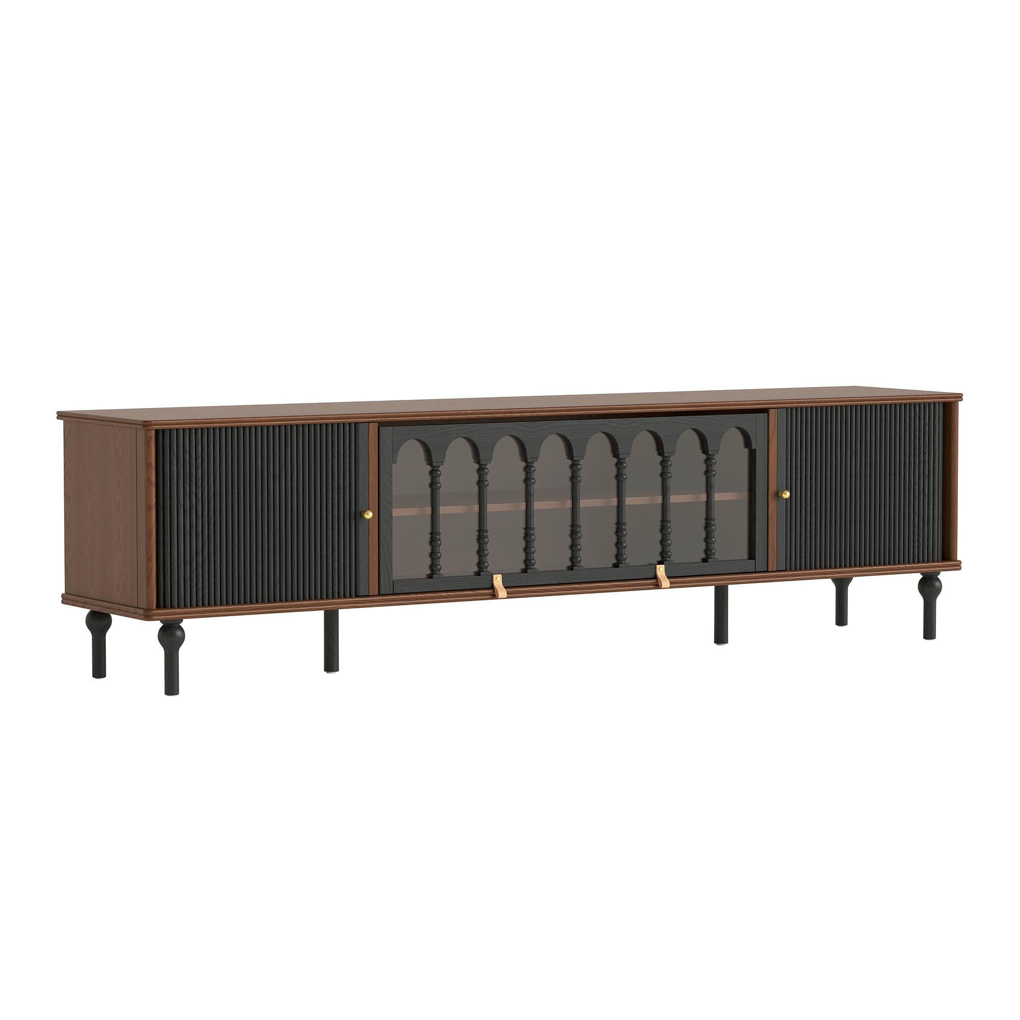 Alt View 5. luck idea - Modern 78.74" TV Stand with Sliding Doors, Arched Glass Panels, Metal Handles, Solid Wood Legs & Cable Management - Walnut Color.