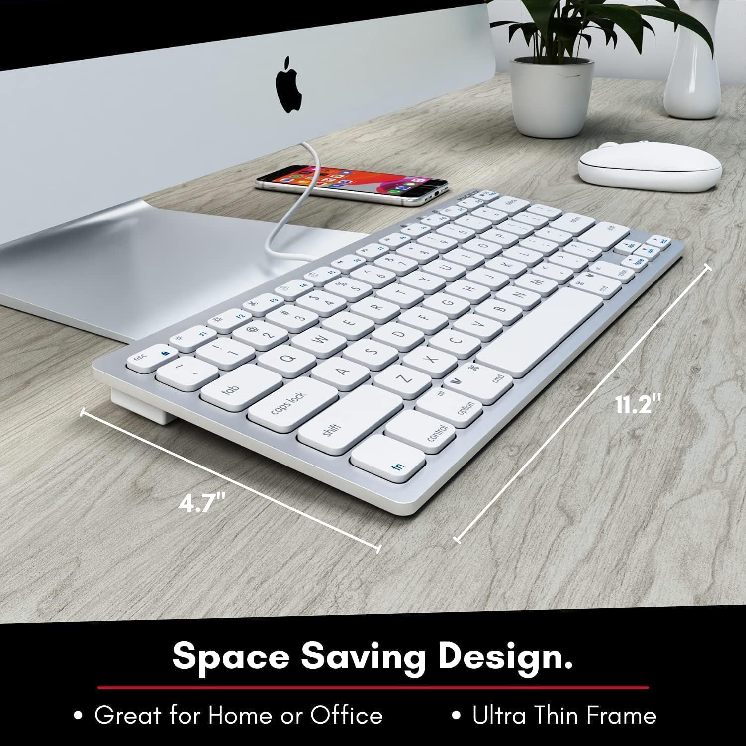 The text in the image is:

"Space Saving Design. Great for Home or Office Ultra Thin Frame"

The text from the keyboard image is:

"feu / - 2 > - - a - 2 5 e H -  2 a al 1 2 - 5 e i - 4 Y w d F % 4T E 1 I 1 N  2 a G - ol 8 % f 1  E V I 8 2 D % W C - J 1 Q / X - A 3 Z V and tolo lock I cops opton shift contecl in 4.7"  - . - F A  ~  11.2" Space Saving Design. Great for Home or Office Ultra Thin Frame"