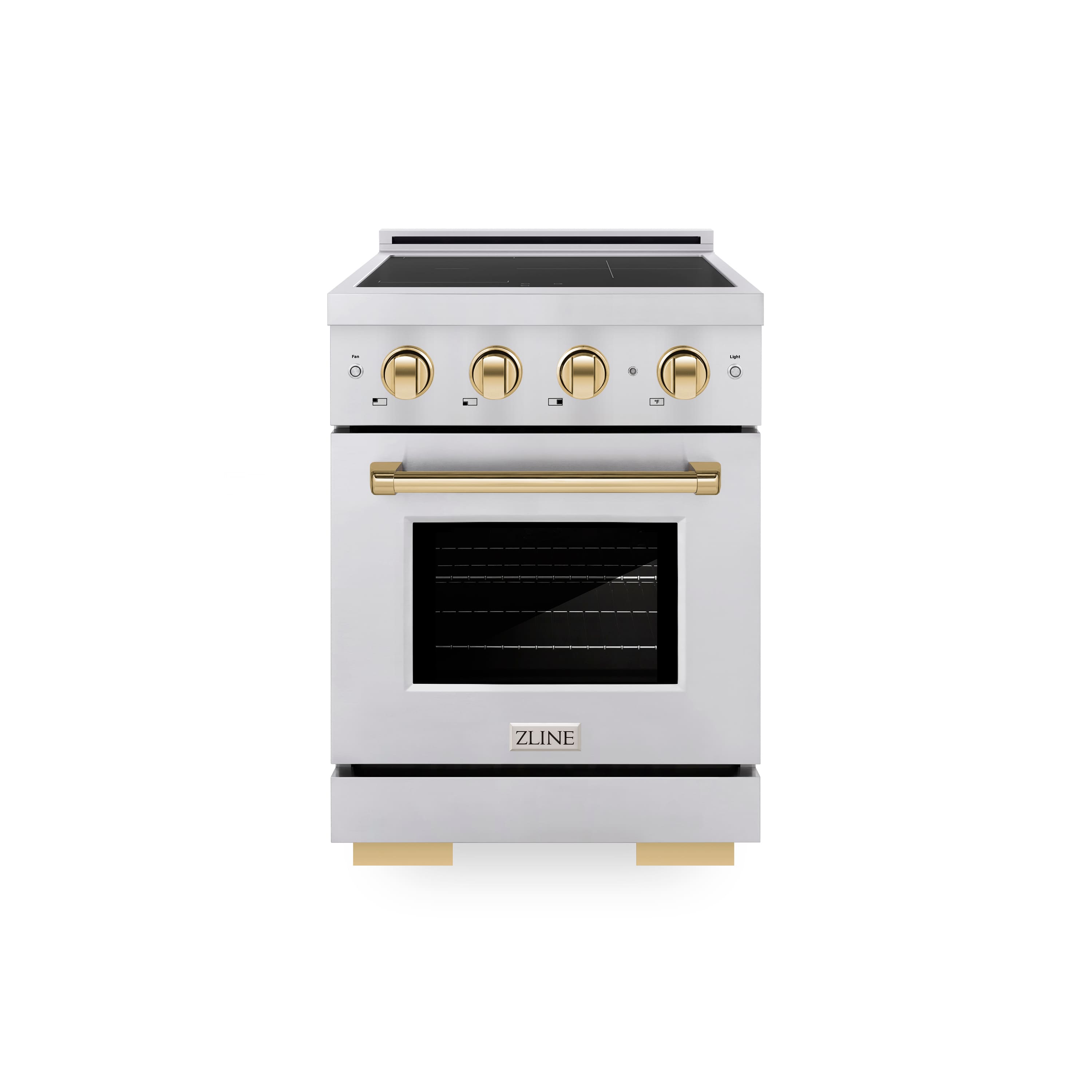 Front. ZLINE - Autograph 24 in. 3.2 cu. ft. Paramount Freestanding Induction Range with 3 Burners and Electric Oven w/ Gold Accents - Stainless Steel.