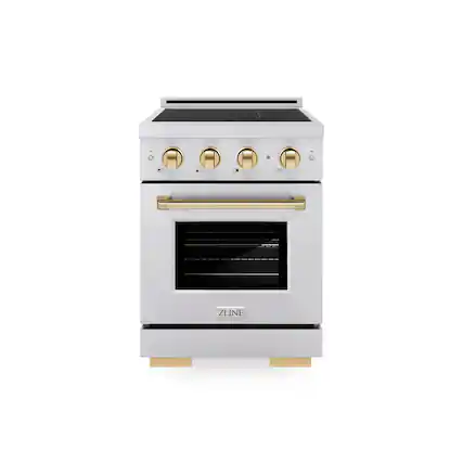 Front. ZLINE - Autograph 24 in. 3.2 cu. ft. Paramount Freestanding Induction Range with 3 Burners and Electric Oven w/ Gold Accents - Stainless Steel.
