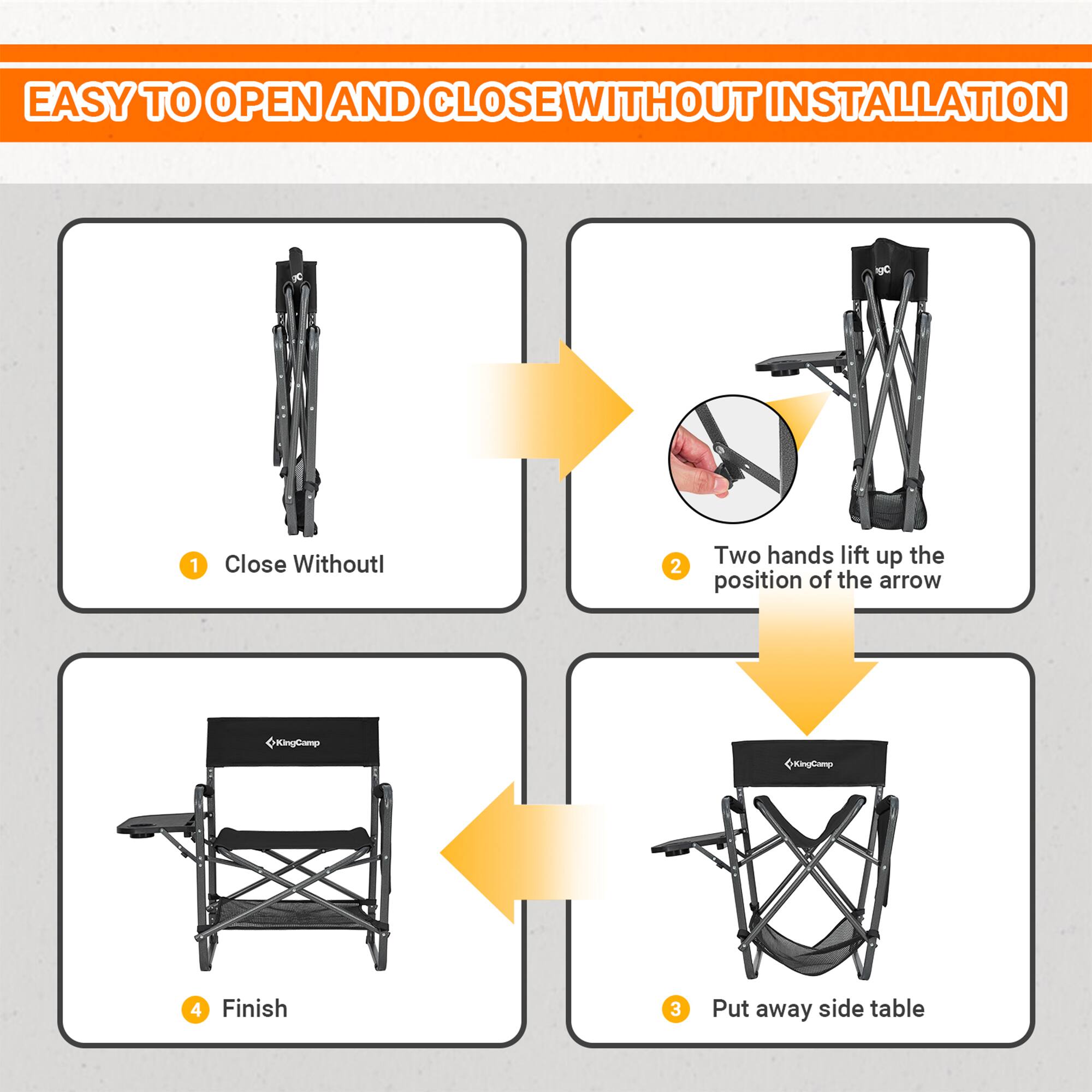 EASY TO OPEN AND CLOSE WITHOUT INSTALLATION

1. Close Withoutl
2. Two hands lift up the position of the arrow
3. Put away side table
4. Finish