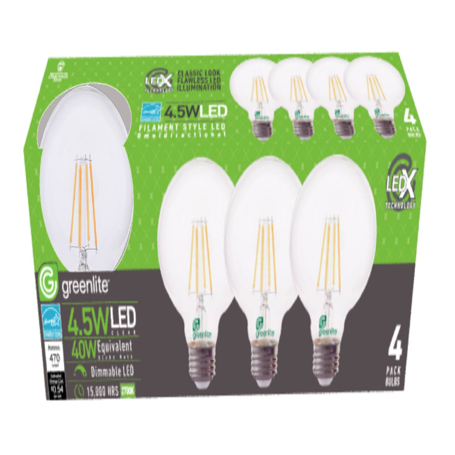 CLASSIC LOOK FLAWLESS LED ILLUMINATION  
4.5W LED FILAMENT STYLE LED  
4  
LEDX TECHNOLOGY  
greenlite 4.5W LED 40W Equivalent 470 Dimmable LED 15,000 HRS 270K  
4 PACK BULBS