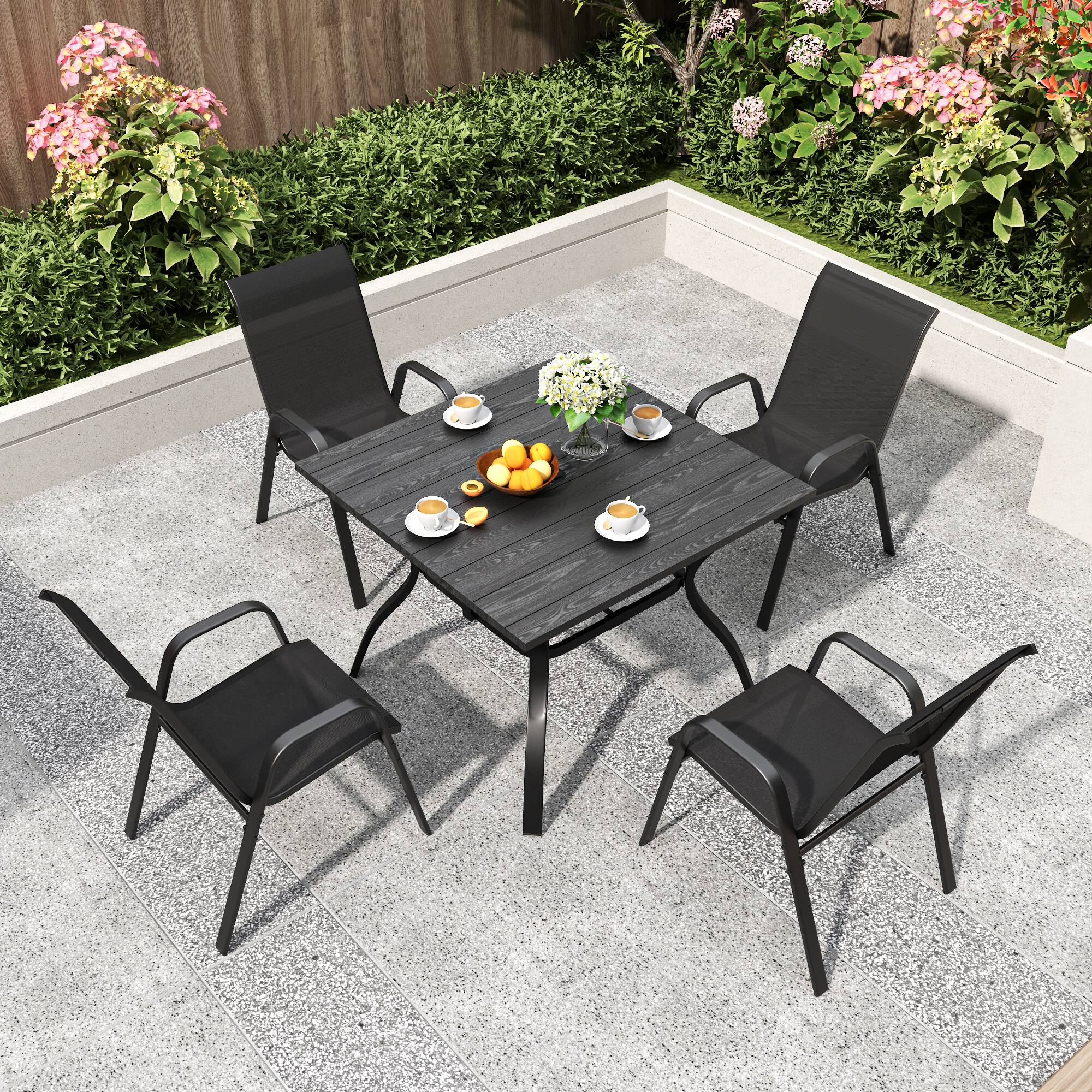 Back. Mondawe - 4-Piece Outdoor Dining Chairs Set, Teslin Fabric and Metal Frame - Black.