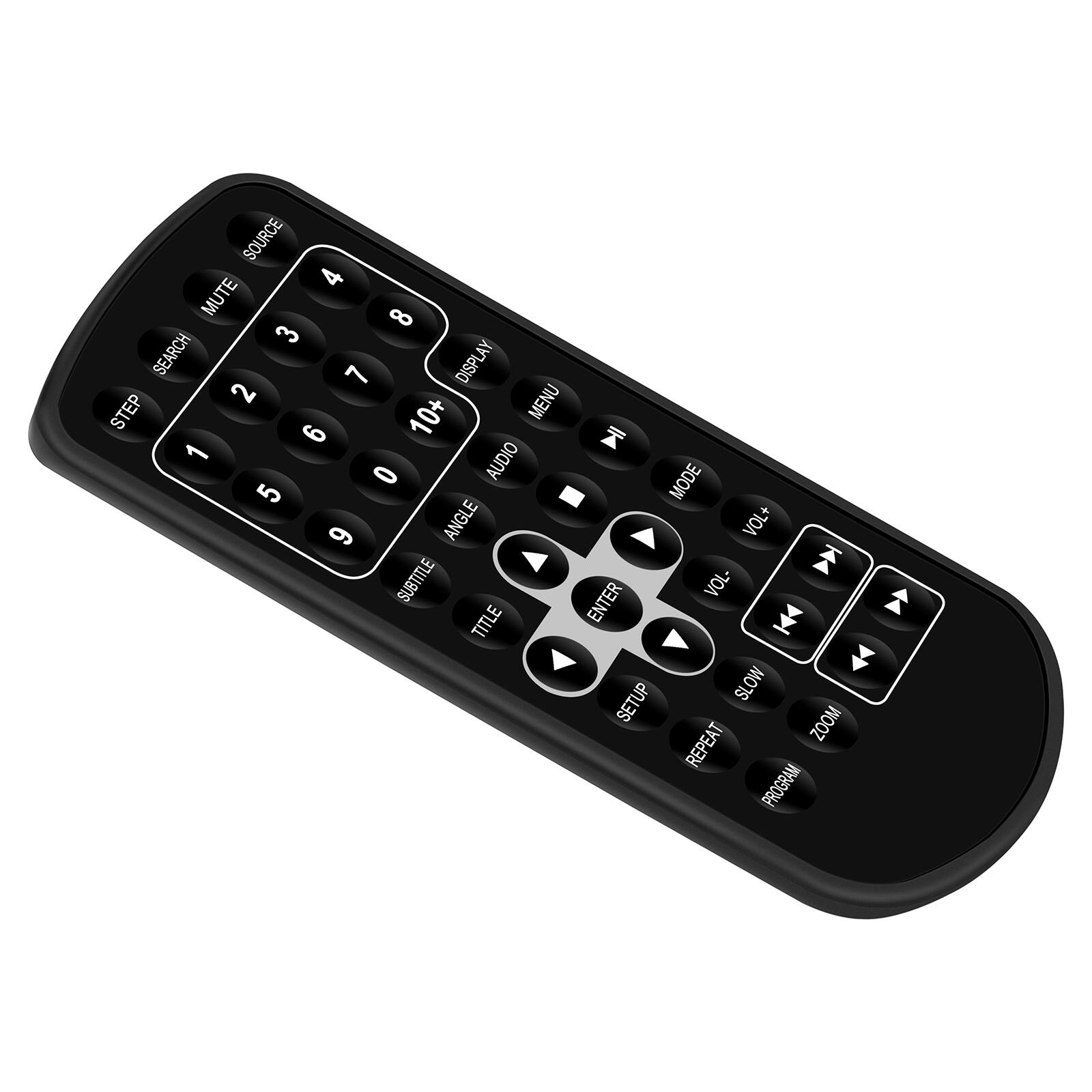 SOURCE 4  
MUTE 8  
SEARCH 3  
DISPLAY 7  
LAY 2  
MENU 6  
STEP 10+ 1  
AUDIO 0  
MODE 5  
ANGLE 9  
VOL+  
SUBTITLE  
ENTER  
VOL-  
TITLE  
SETUP  
SLOW  
ZOOM  
REPEAT  
PROGRAM