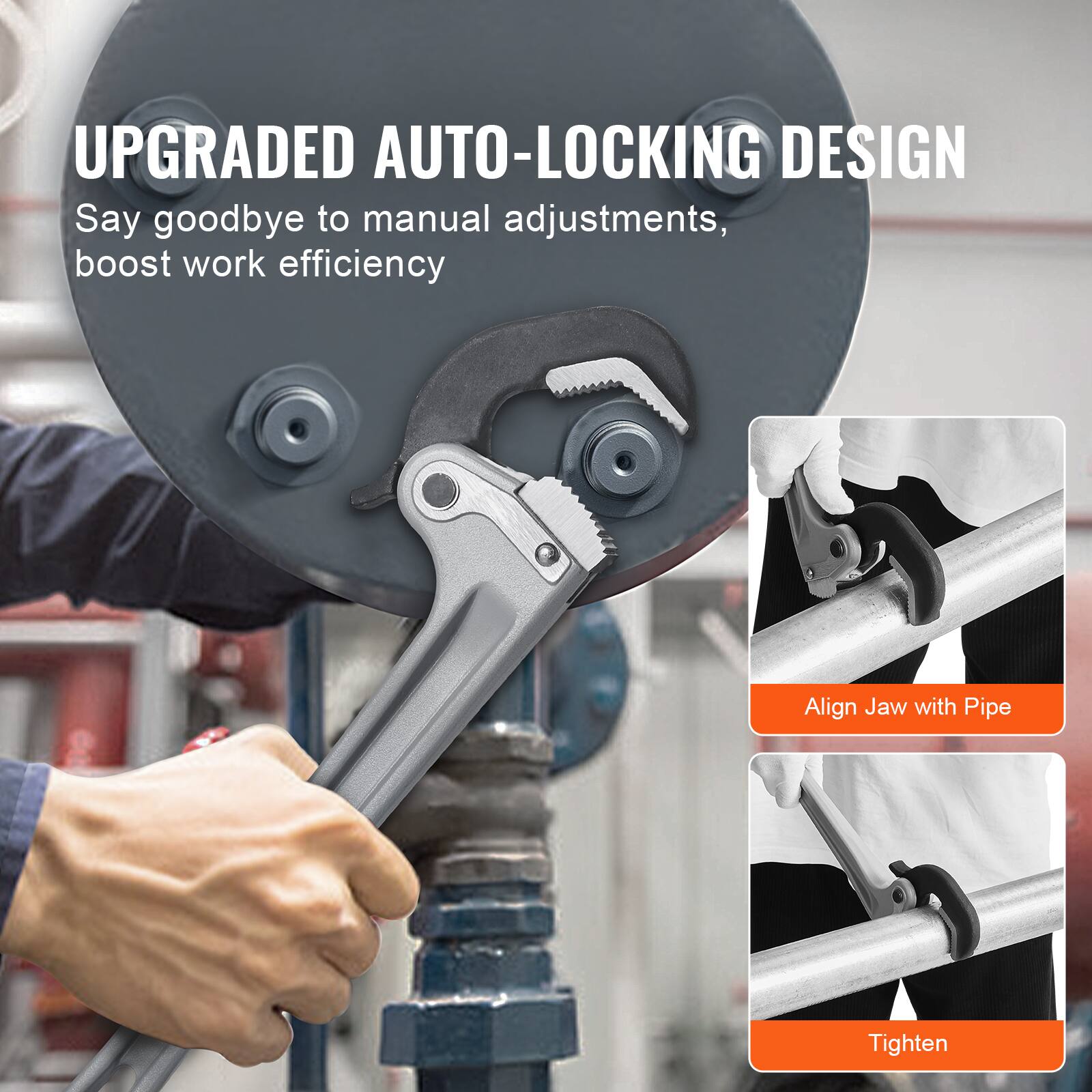 UPGRADED AUTO-LOCKING DESIGN  
Say goodbye to manual adjustments, boost work efficiency  

Align Jaw with Pipe  
Tighten