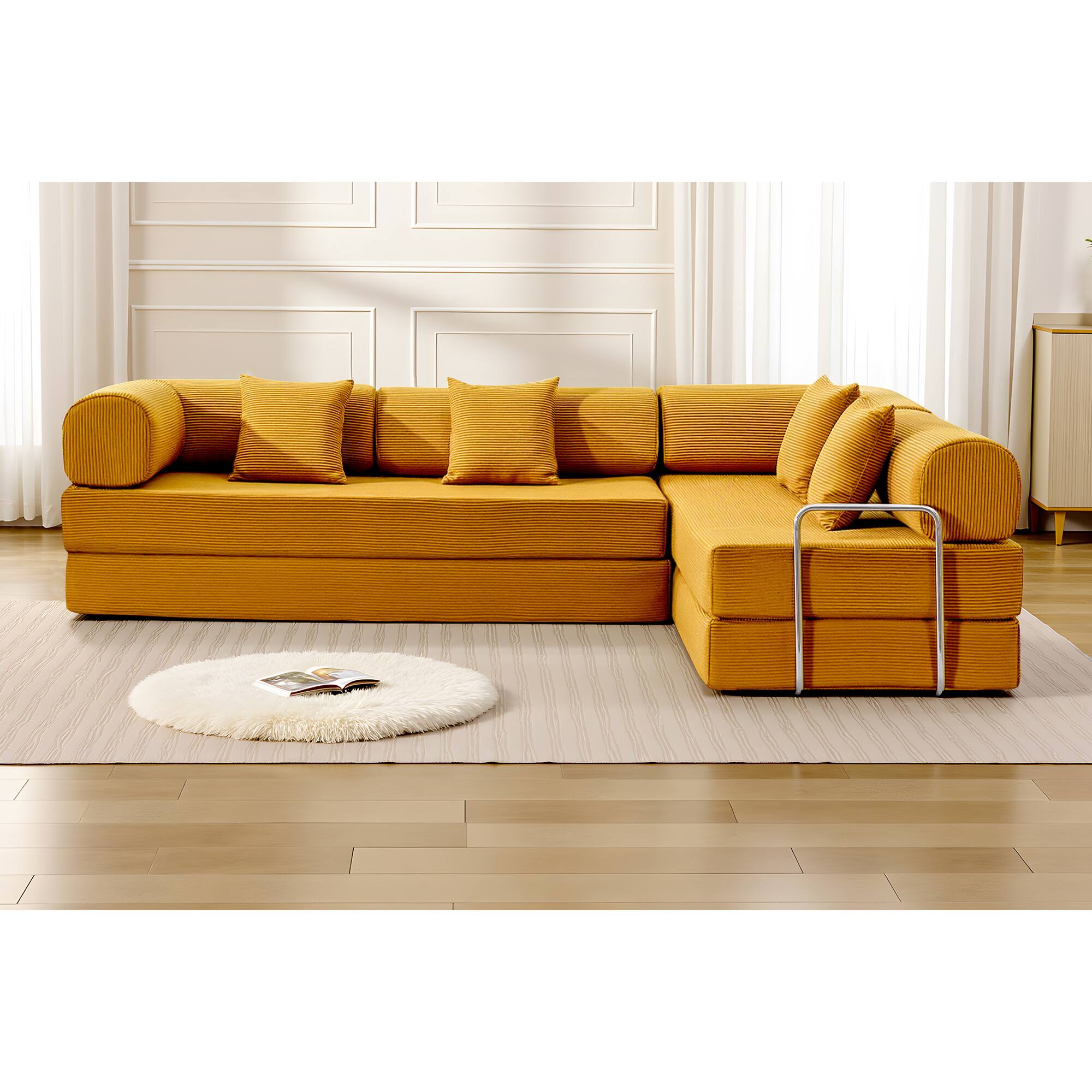 Alt View 8. KERDOM - L-Shaped Corduroy Couch Chaise Lounge, 78'' Foldable Sofa Bed 2pcs Combined, Spliced Block Modular Sectional Sponge Sofa - Ginger Yellow.