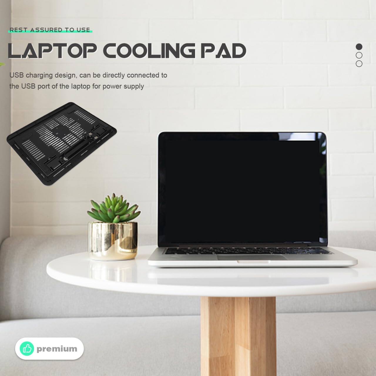 REST ASSURED TO USE

LAPTOP COOLING PAD

USB charging design, can be directly connected to the USB port of the laptop for power supply

premium