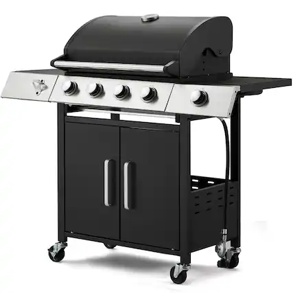 Front. U-HOMY - Propane Grill with Side Burner and Locking Wheels, 395 sq in Cooking Surface, 36,000 BTU - 4+1 Burner.