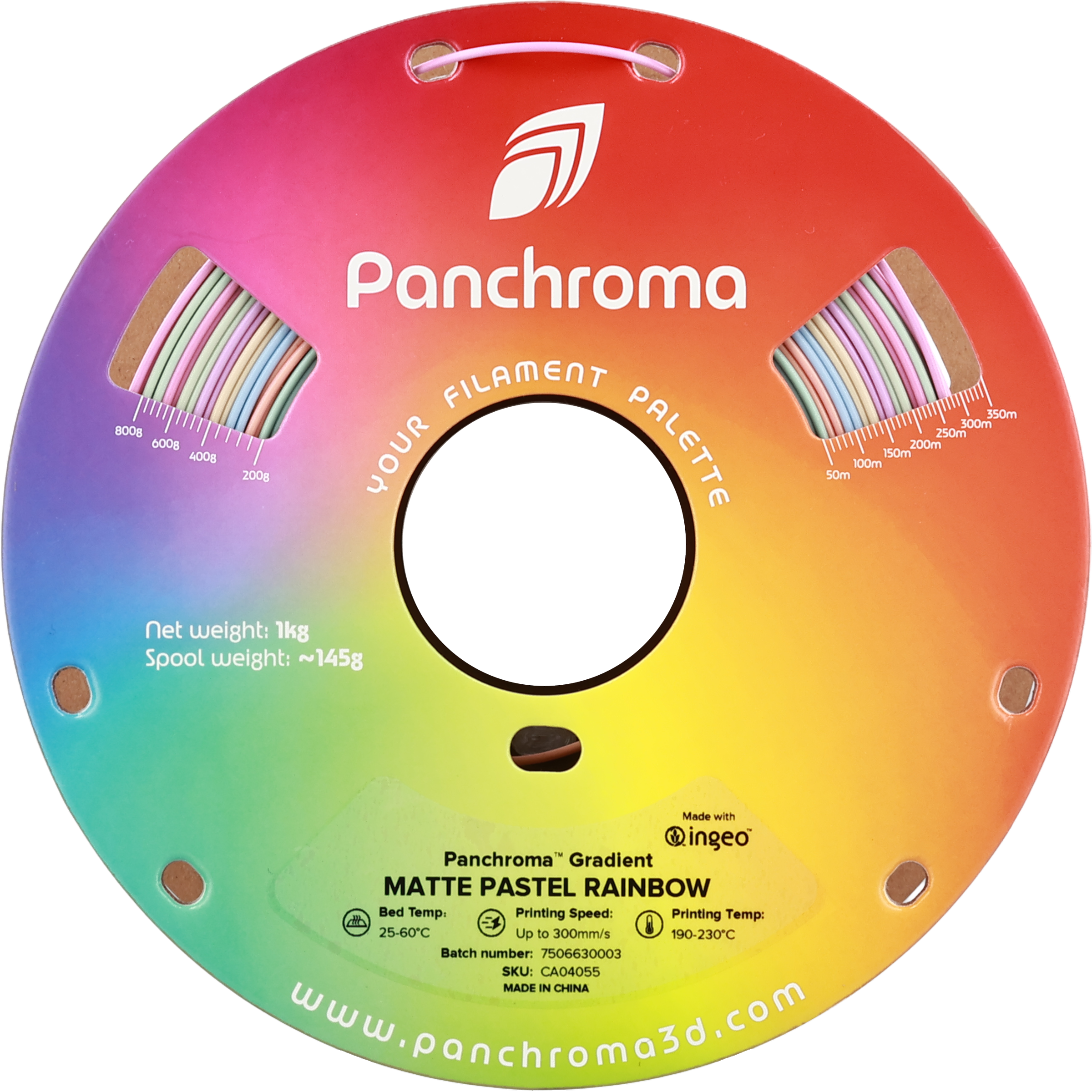 Panchroma FILAMENT 350m 300m 8008 250m 6008 400g 200g YOUR PALETTE 50m 100m 150m 200m Net weight: 1kg Spool weight: ~145g Made with ingeo Panchroma Gradient MATTE PASTEL RAINBOW Bed Temp. Printing Speed: 25-60C Up to 300mm/s Printing Temp: 190-230C Batch number: 7506630003 SKU: CA04055 MADE IN CHINA www.panchroma3d.com