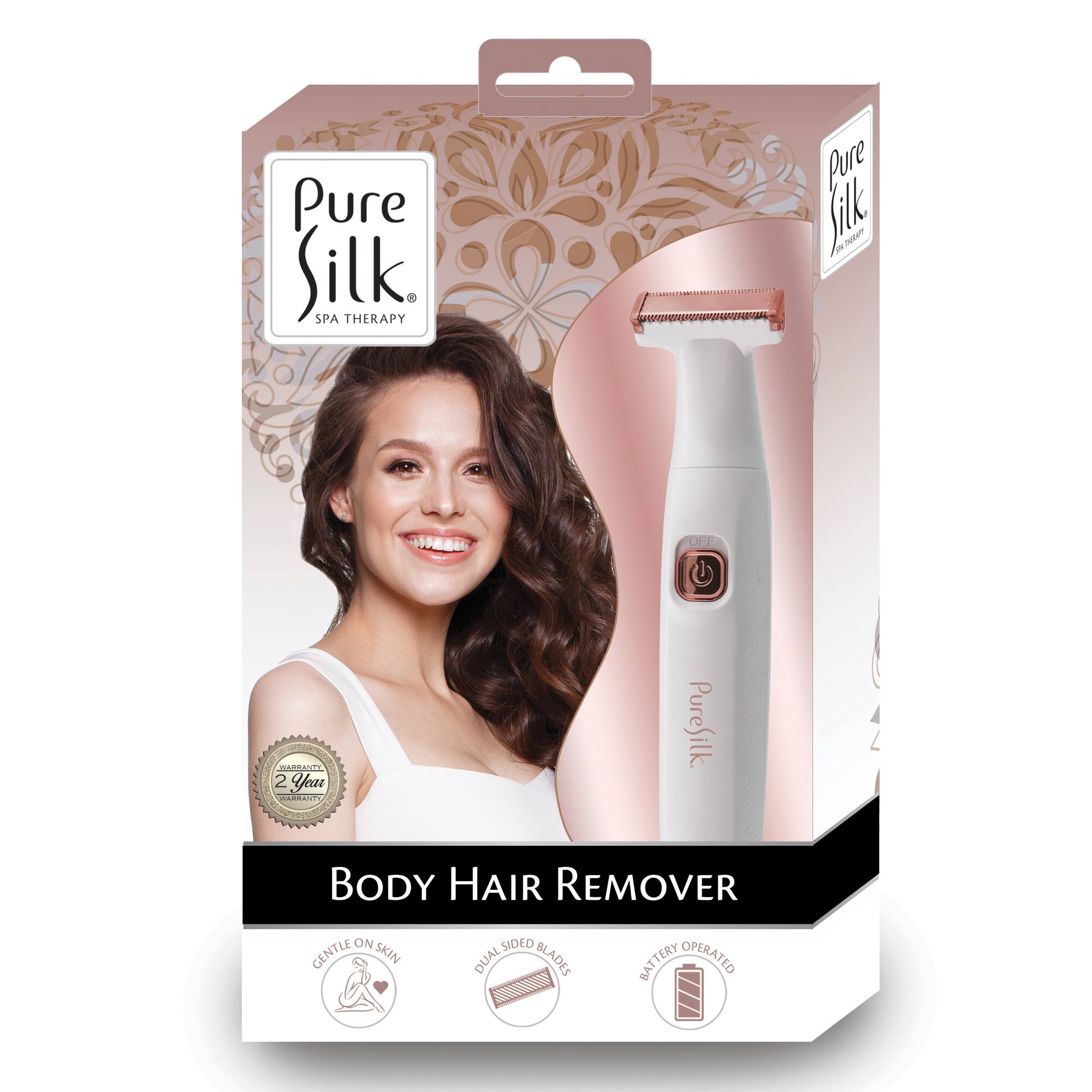 Pure Silk SPA Therapy  
Pure Silk Body Hair Remover  
2 Year Warranty  
Gentle on Skin  
Dual Sided Blades  
Battery Operated