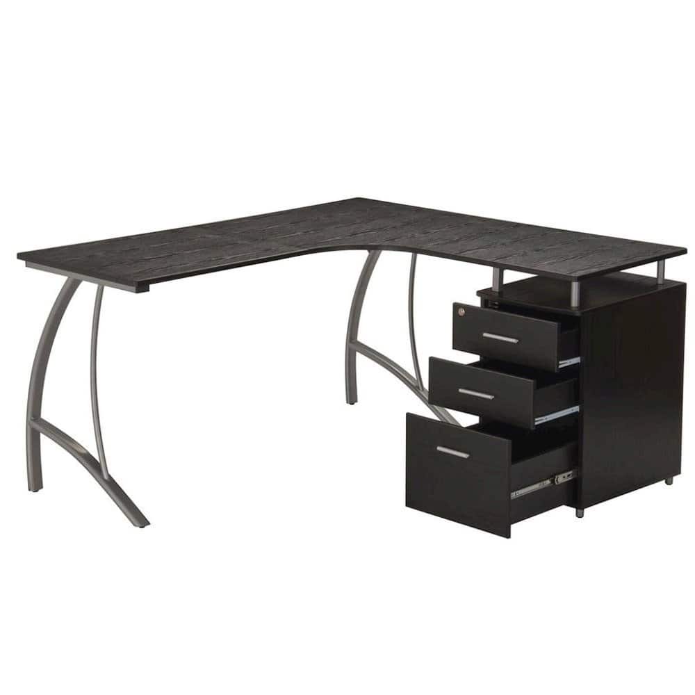 FurniFact - L Shaped Desk With 3 Drawers, Steel Frame Corner Computer Desk - Brown