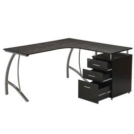 FurniFact - L Shaped Desk With 3 Drawers, Steel Frame Corner Computer Desk - Brown