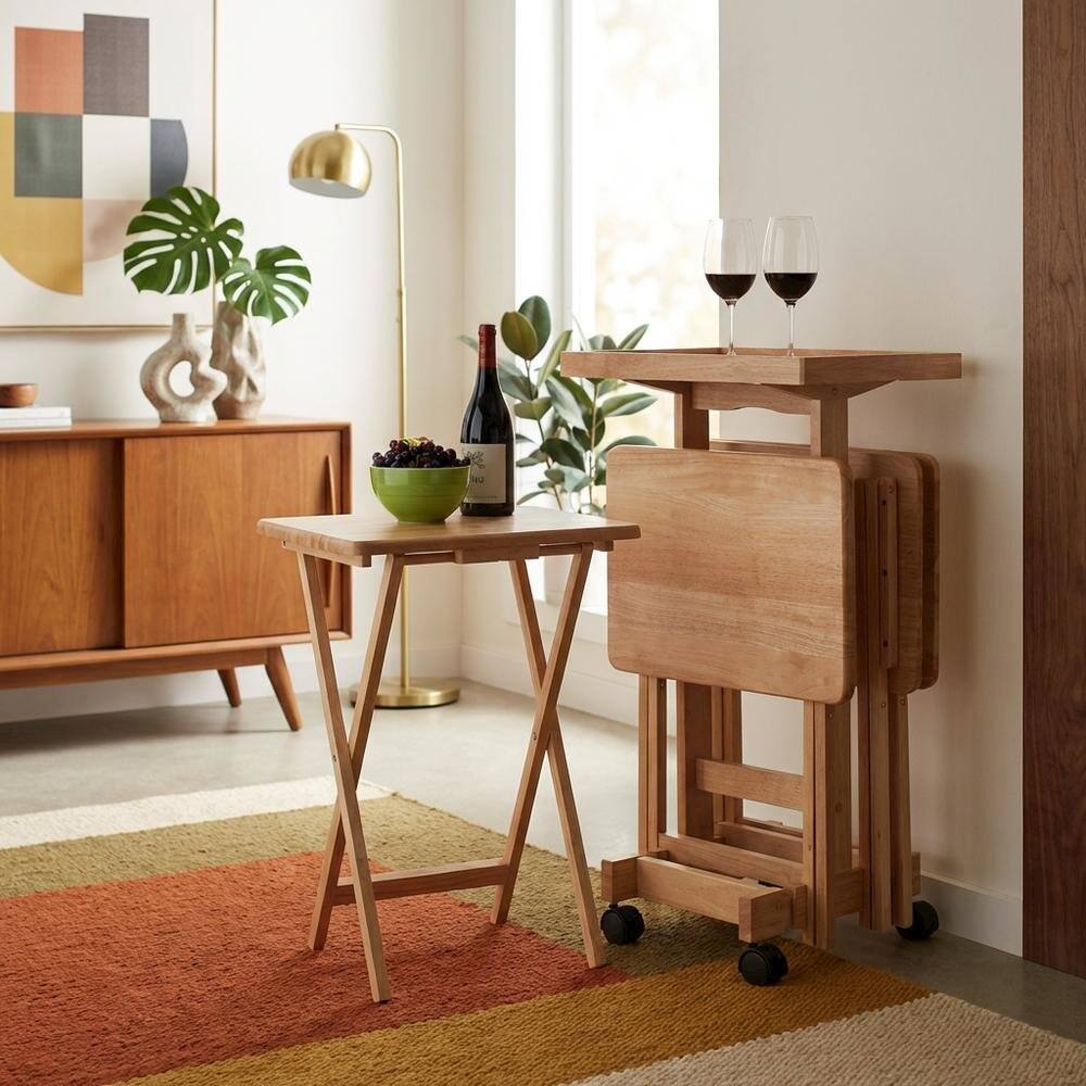 Alt View 4. FurniFact - Natural Wood 6 Piece TV Trays Set With Folding Snack Tables And Mobile Stand - Natural.
