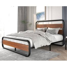 Hivvago - King size Heavy Duty Industrial Modern Platform Bed Frame with Headboard - Brown,Black