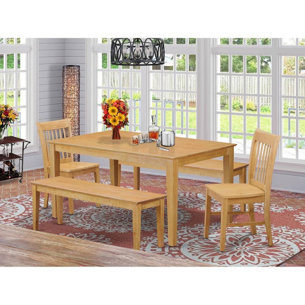 Back. East West Furniture - 5 PC Dining room set - Kitchen Table and 2 Dining Chairs and 2 Wooden benches - Oak.
