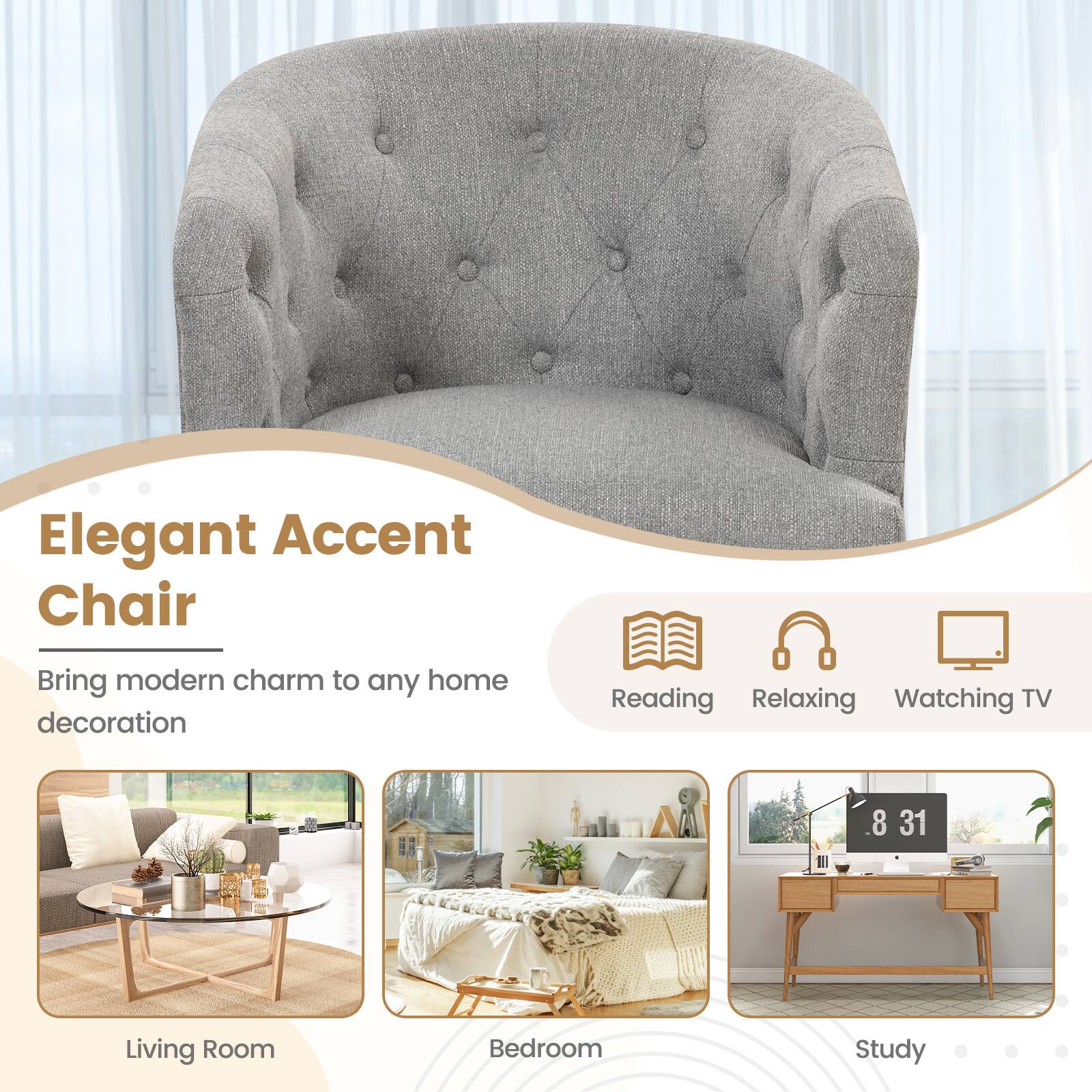 Elegant Accent Chair: Bring modern charm to any home decoration. Reading, Relaxing, Watching TV.
