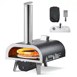 VEVOR - Outdoor Pizza Oven, 12 in Wood Fired Pizza Ovens, Pellet Pizza-Stove with Thermometer & Electric Rotation - Black (spray)