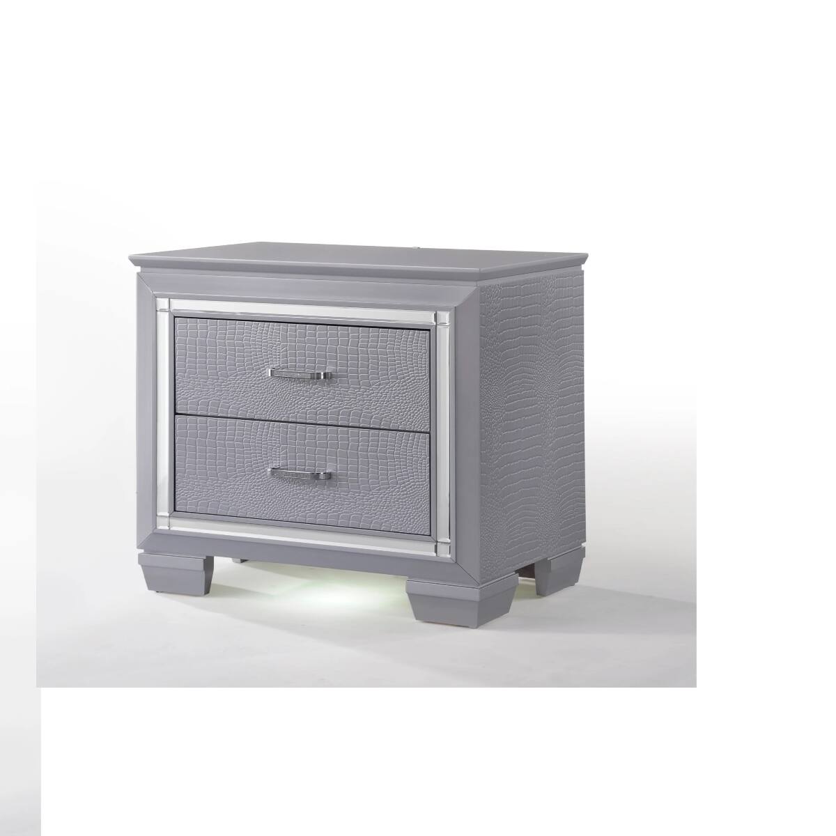 Angle. Loheer - Loheer Modern Glam Nightstand with Built-In Night Light, Two Drawers, Silver Solid Wood - Silver.