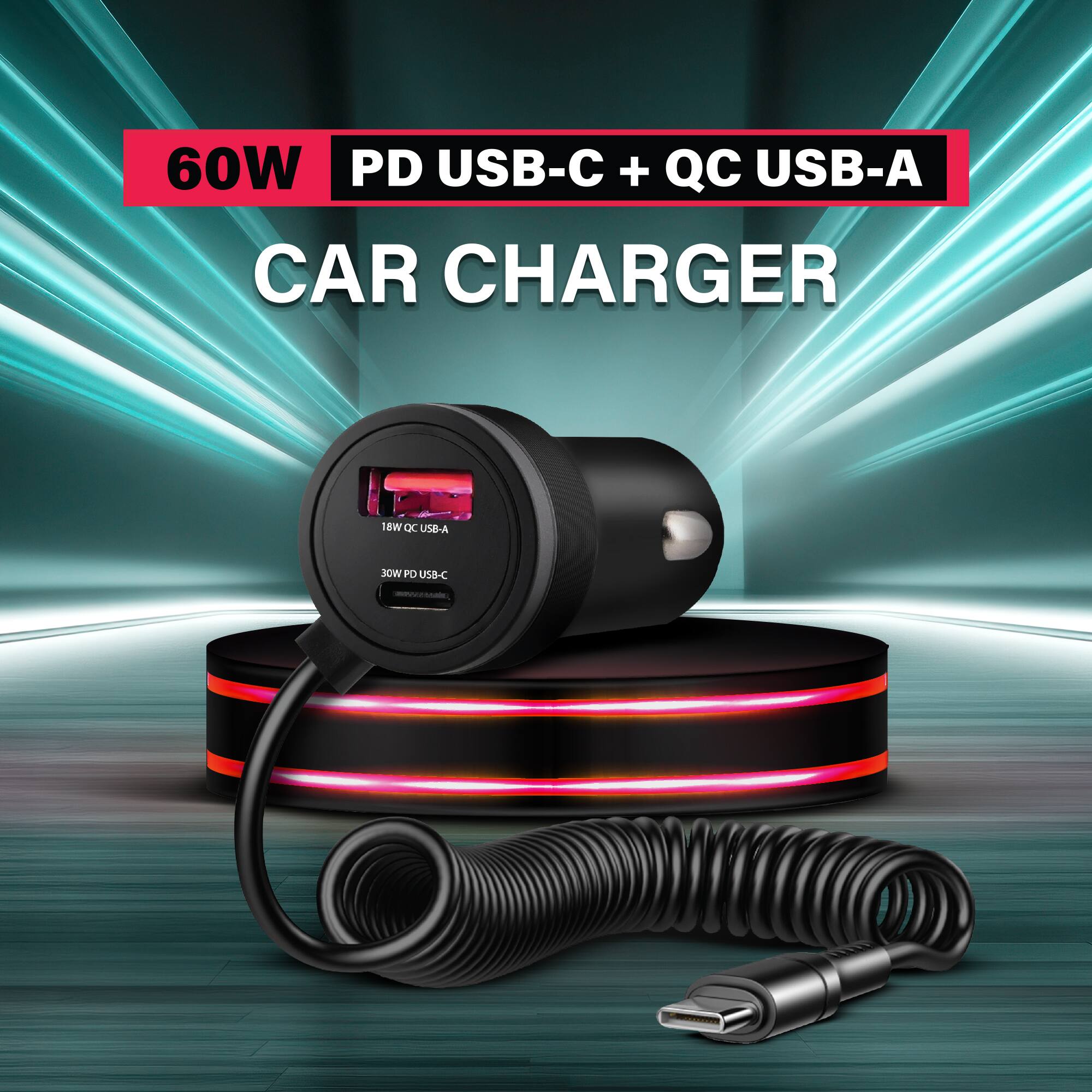 60W PD USB-C + QC USB-A CAR CHARGER