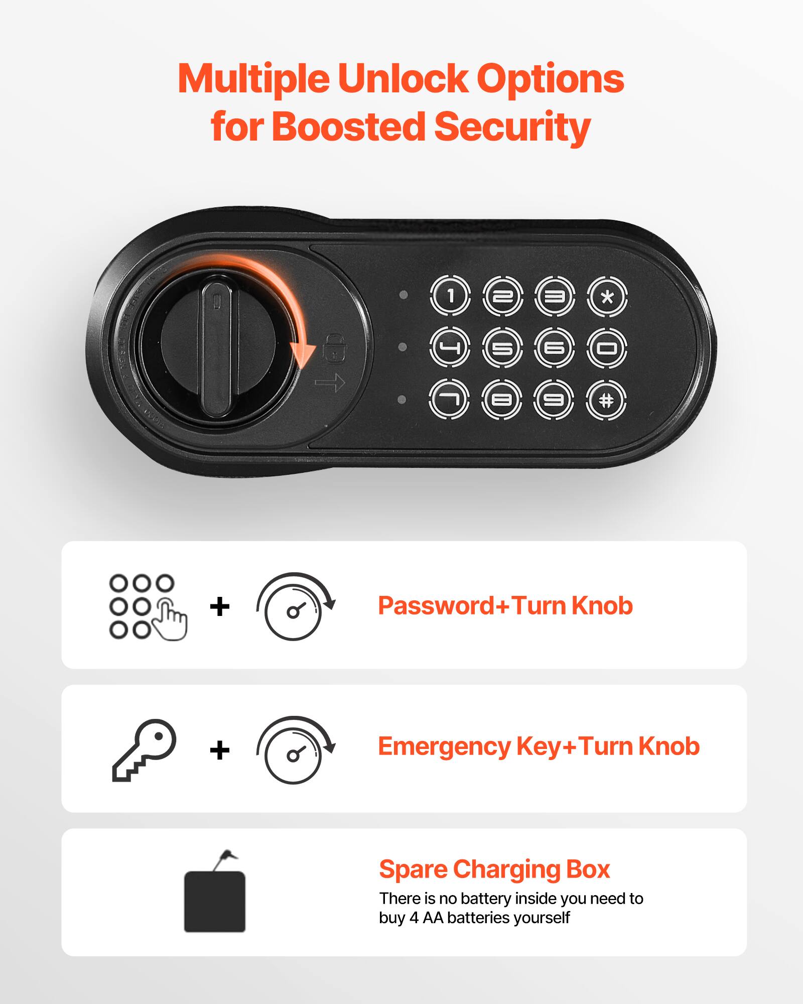 Multiple Unlock Options for Boosted Security

- Password+Turn Knob
- Emergency Key+Turn Knob
- Spare Charging Box

There is no battery inside, you need to buy 4 AA batteries yourself