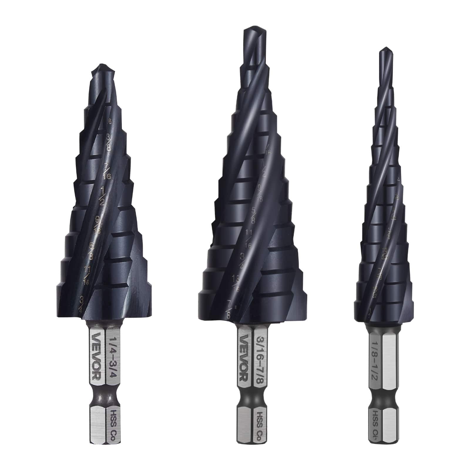 VEVOR - Step Drill Bit Set,1/8 - 7/8 inch,3 Pieces Step Drill Bits,1/4 inch Hex Shank,TiAlN Coating Cobalt HSS High Speed Steel - Black