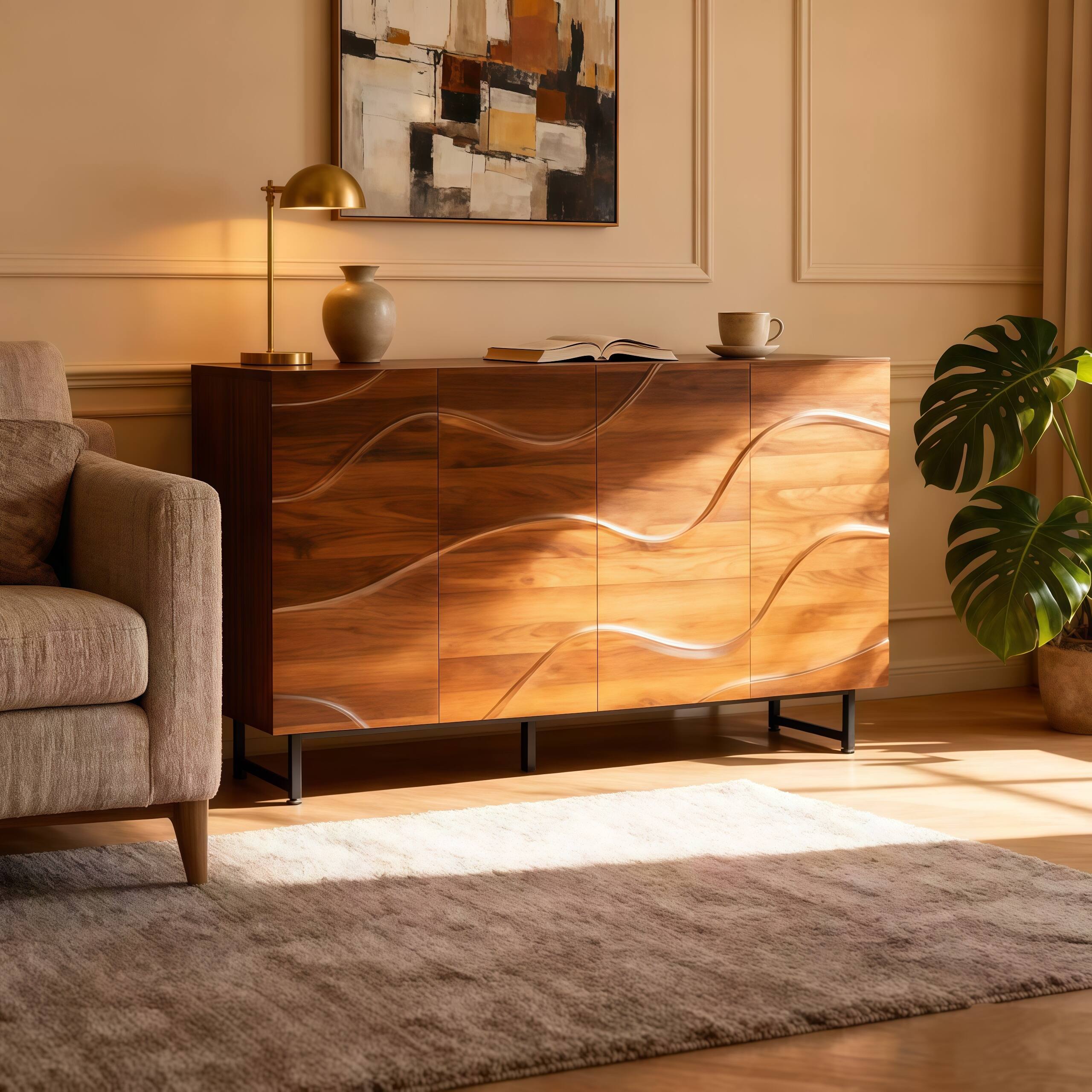 Front. Aukfa - Modern Art Solid Wood Sideboard - Wave Relief Design, Walnut Texture, Iron Legs, Living Room Storage Cabinet. - Brown.