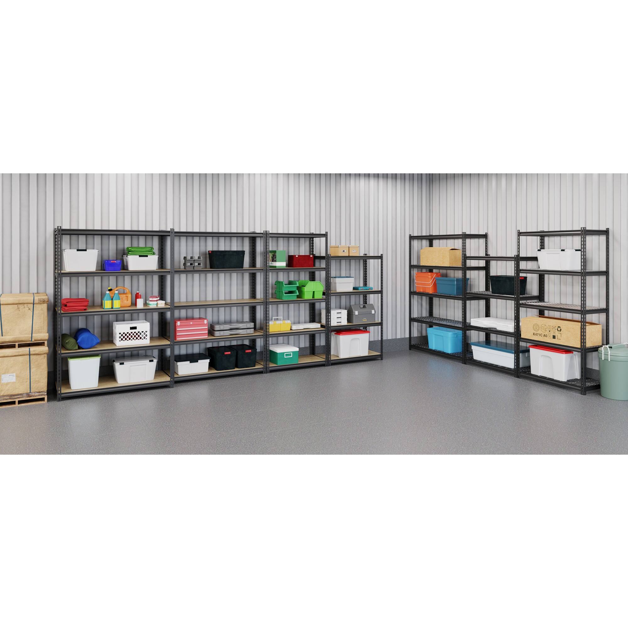 The image shows a storage room with shelves filled with various items. There are multiple boxes and crates on the shelves, with some of them being blue and green. The storage room is organized and ready for use.