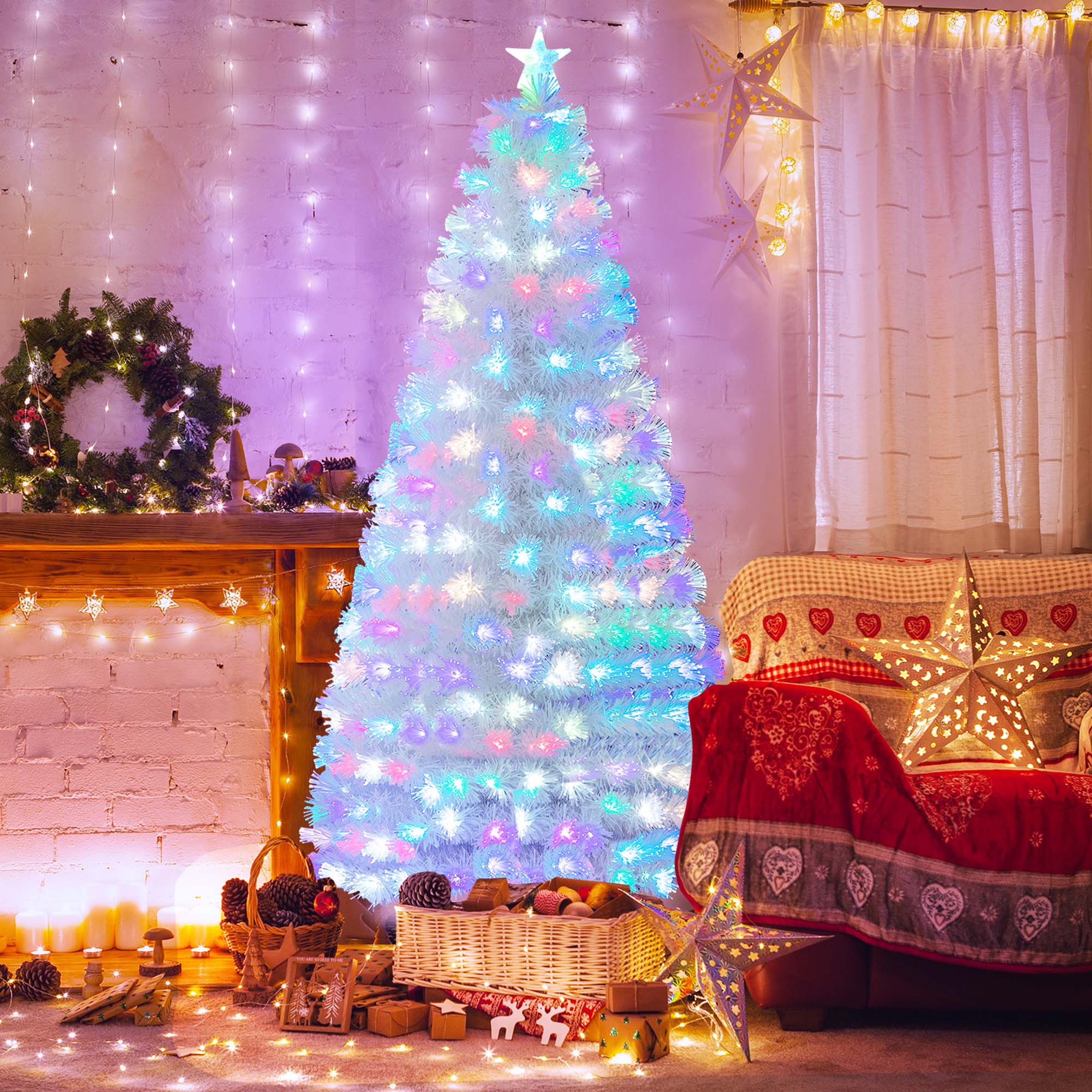 Alt View 4. Costway - 7 FT Pre-Lit Christmas Tree Fiber Optic Snow-Flocked with 270 Lights & Branch Tips - White.