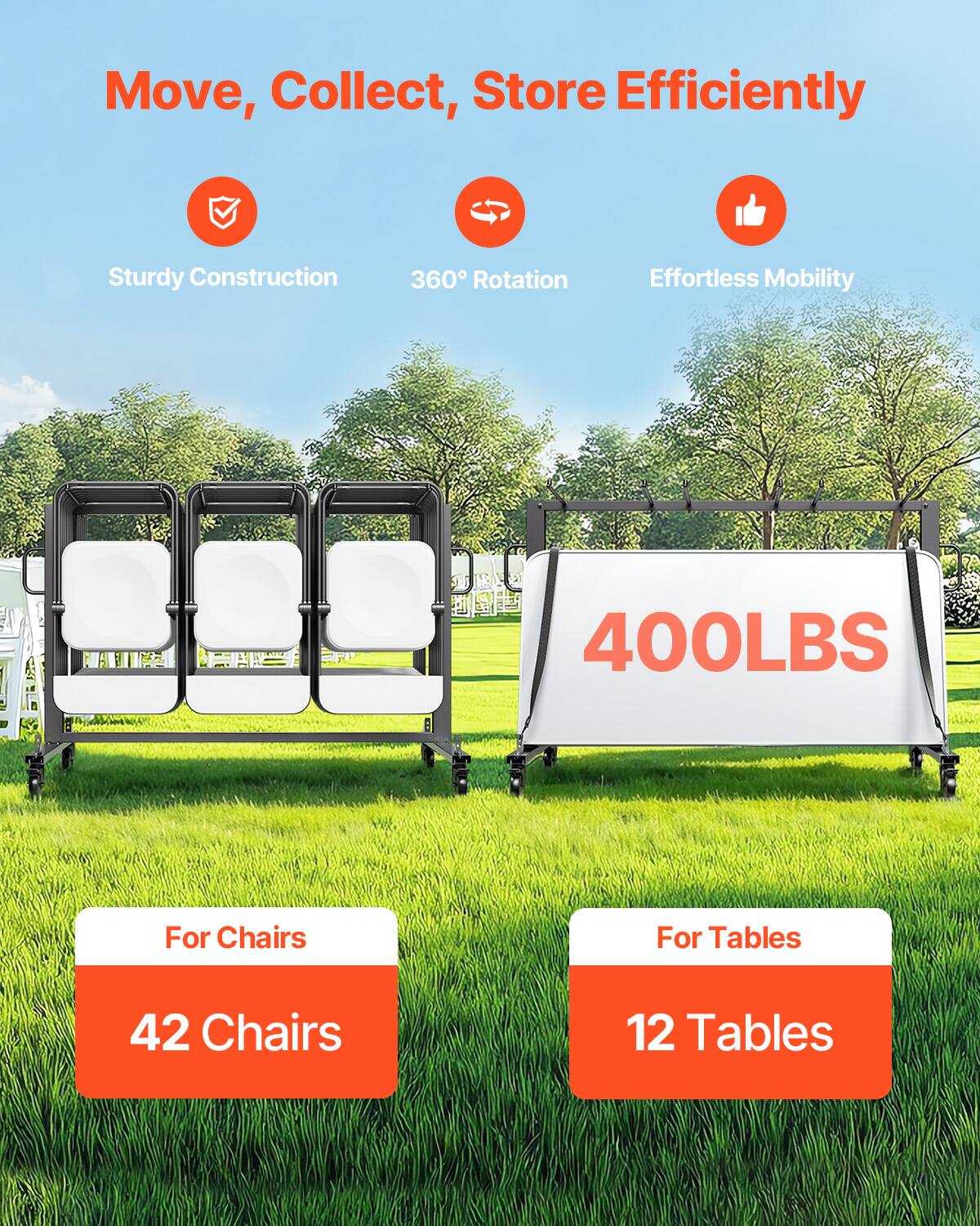 Move, Collect, Store Efficiently
Sturdy Construction
360° Rotation
Effortless Mobility
400LBS
For Chairs
42 Chairs
For Tables
12 Tables