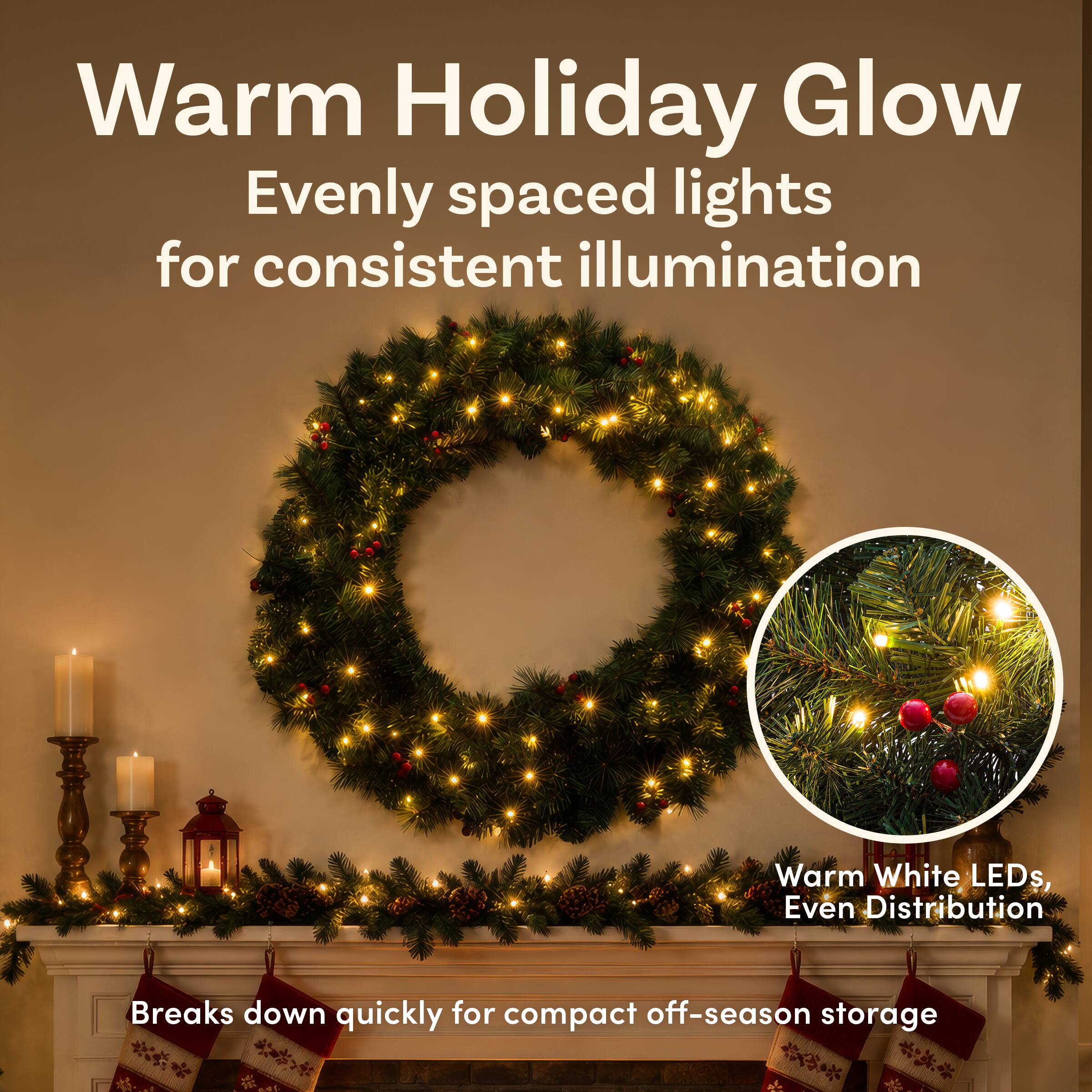 Warm Holiday Glow  
Evenly spaced lights for consistent illumination  

Warm White LEDs, Even Distribution  

Breaks down quickly for compact off-season storage