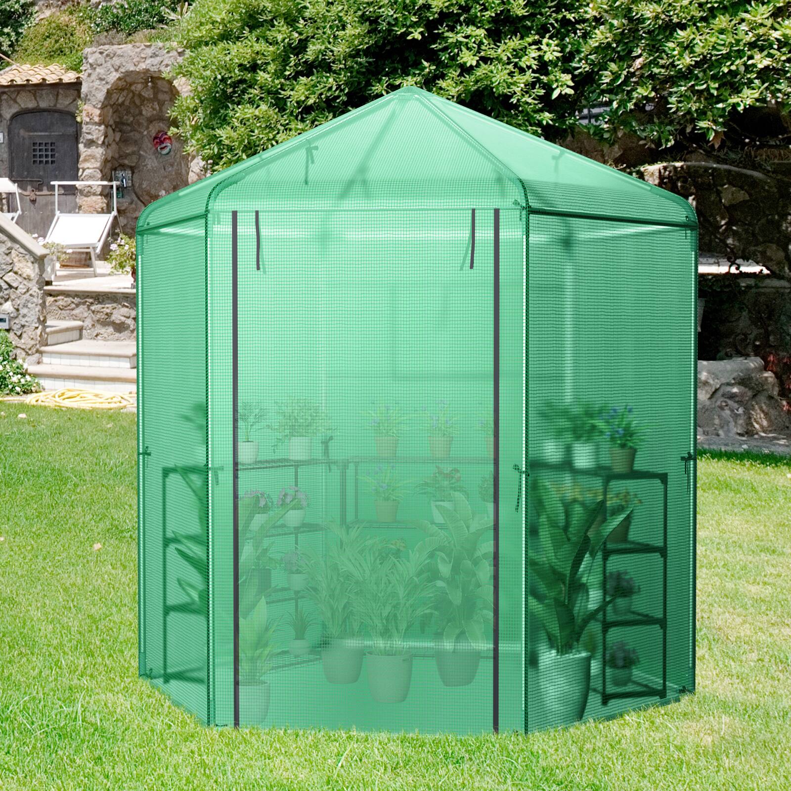 Angle. SlickBlue - Walk-In Hexagonal Greenhouse with PE Cover and Metal Frame - Green.