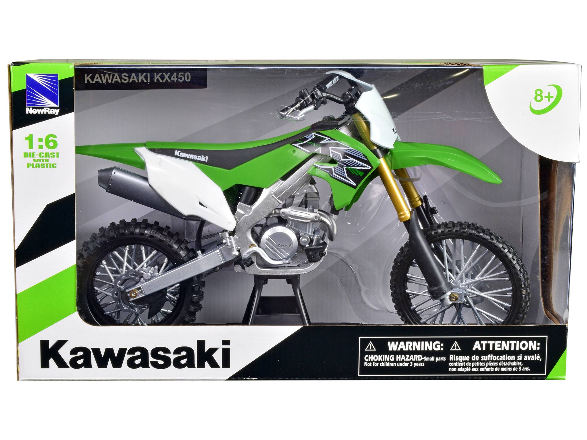 KAWASAKI KX450 NewRay 1:6 DIE-CAST Kawasaki W1H PLASTIC  
1 1 8+  
Kawasaki WARNING: ATTENTION: CHOKING HAZARD-Small parts Risque de suffocation si avalé, Not for children under 3 years contient de petites pièces détachables, non adaptées aux enfants de moins de 3 ans.