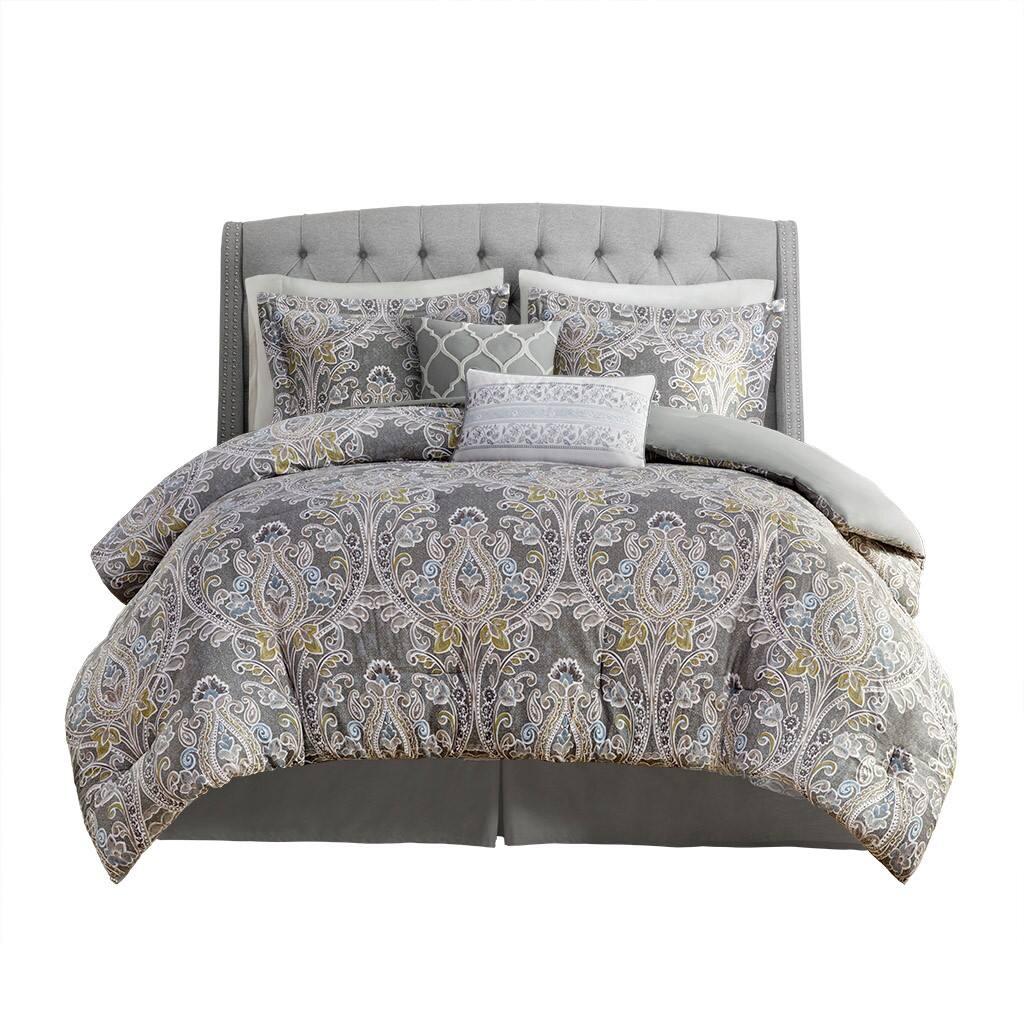Front. Gracie Mills - Gracie Mills Brant 6-Piece Damask Cotton Sateen Comforter Set - Grey.
