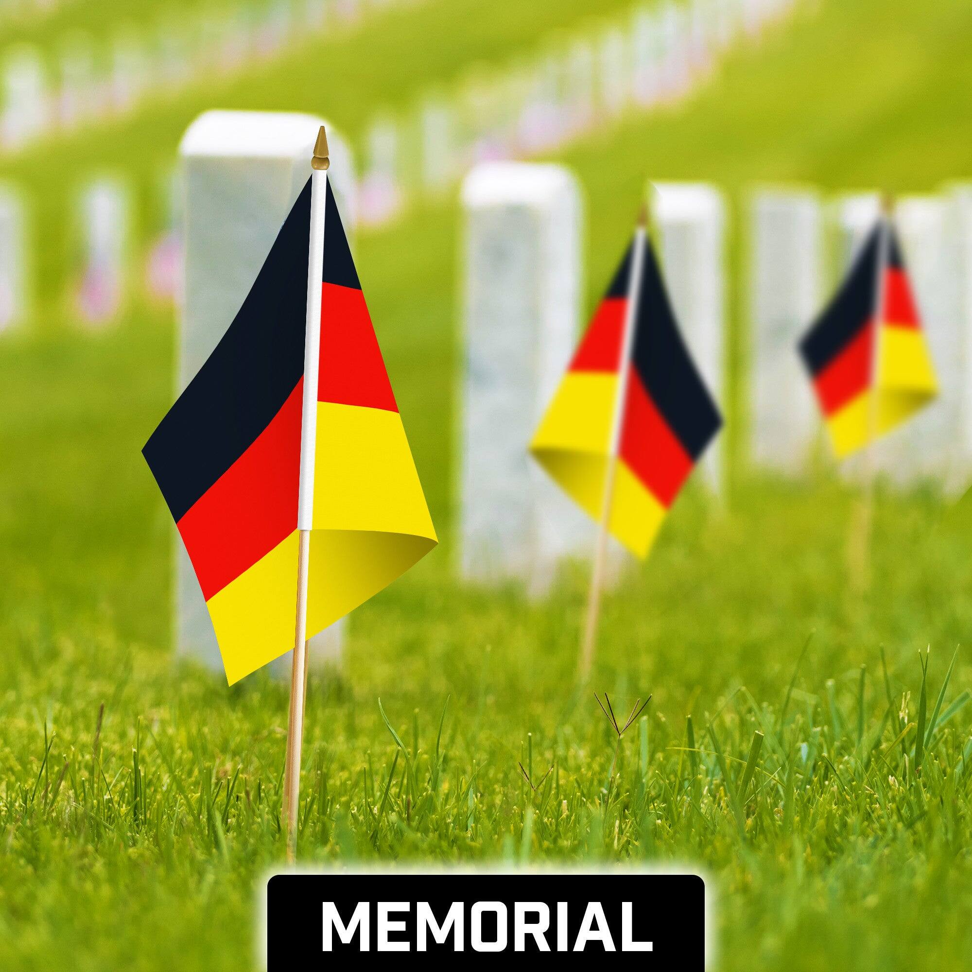 Back. G128 - 12 Pack Handheld Germany Stick Flags, 12 x 18 in, 150D Polyester with Wooden Stick and Gold Spear Tip. - Assorted Colors.