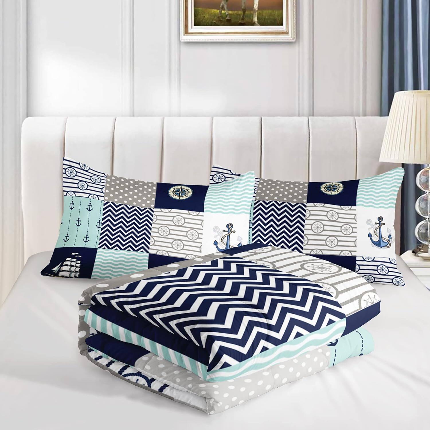 Alt View 2. Wikistore - WIKISTORE Nautical Comforter Set Queen Size Plaid Patchwork Ocean Theme Bedding with 2 Pillow Shams - As Picture.